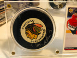 Chris Chelios signed puck with card in holder with COA