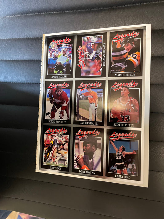 Legends sports cards uncut sheet ,Larry Bird, Lemieux and Andre Agassi and more