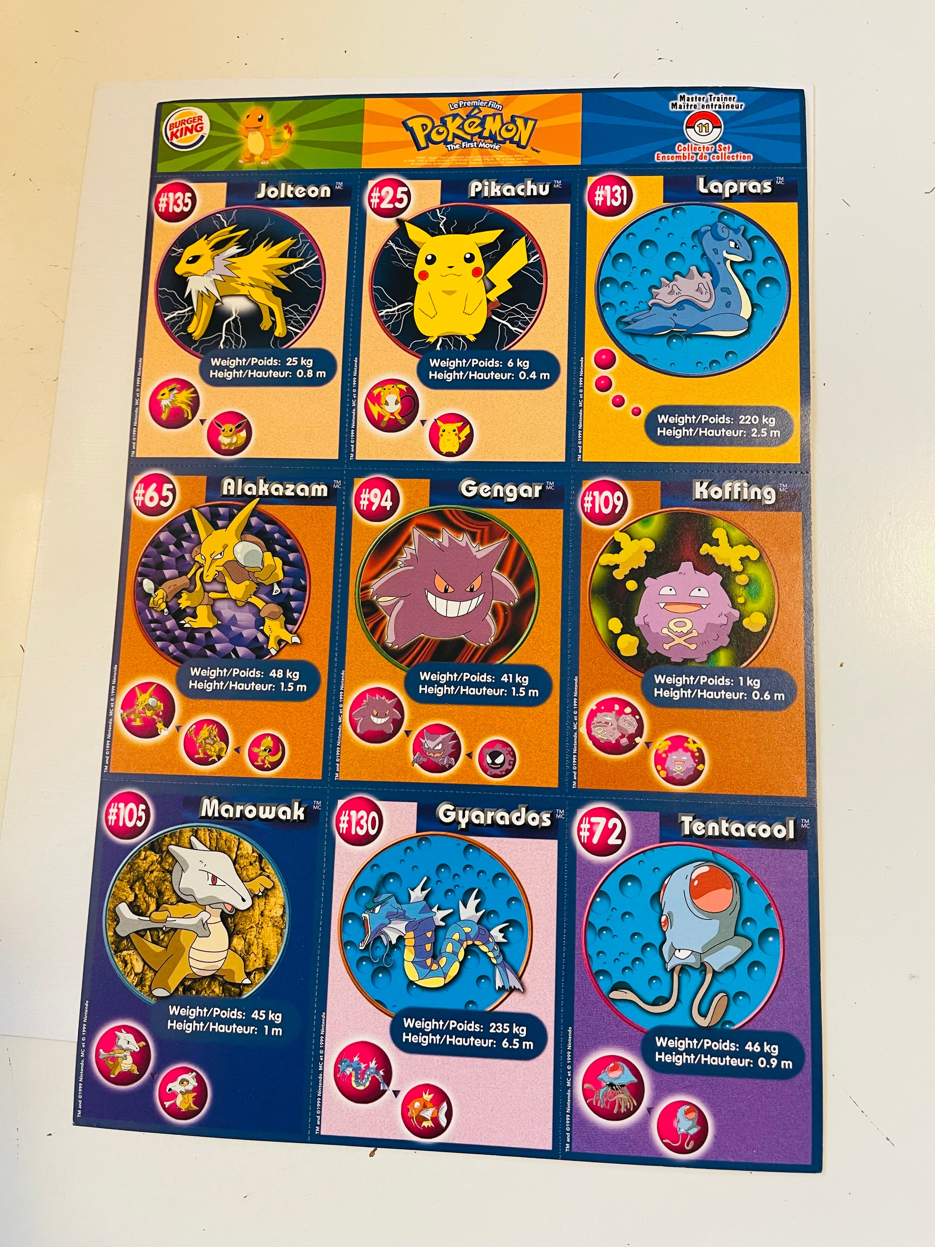 Pokémon #11 Burger King rare uncut cards sheet 1999