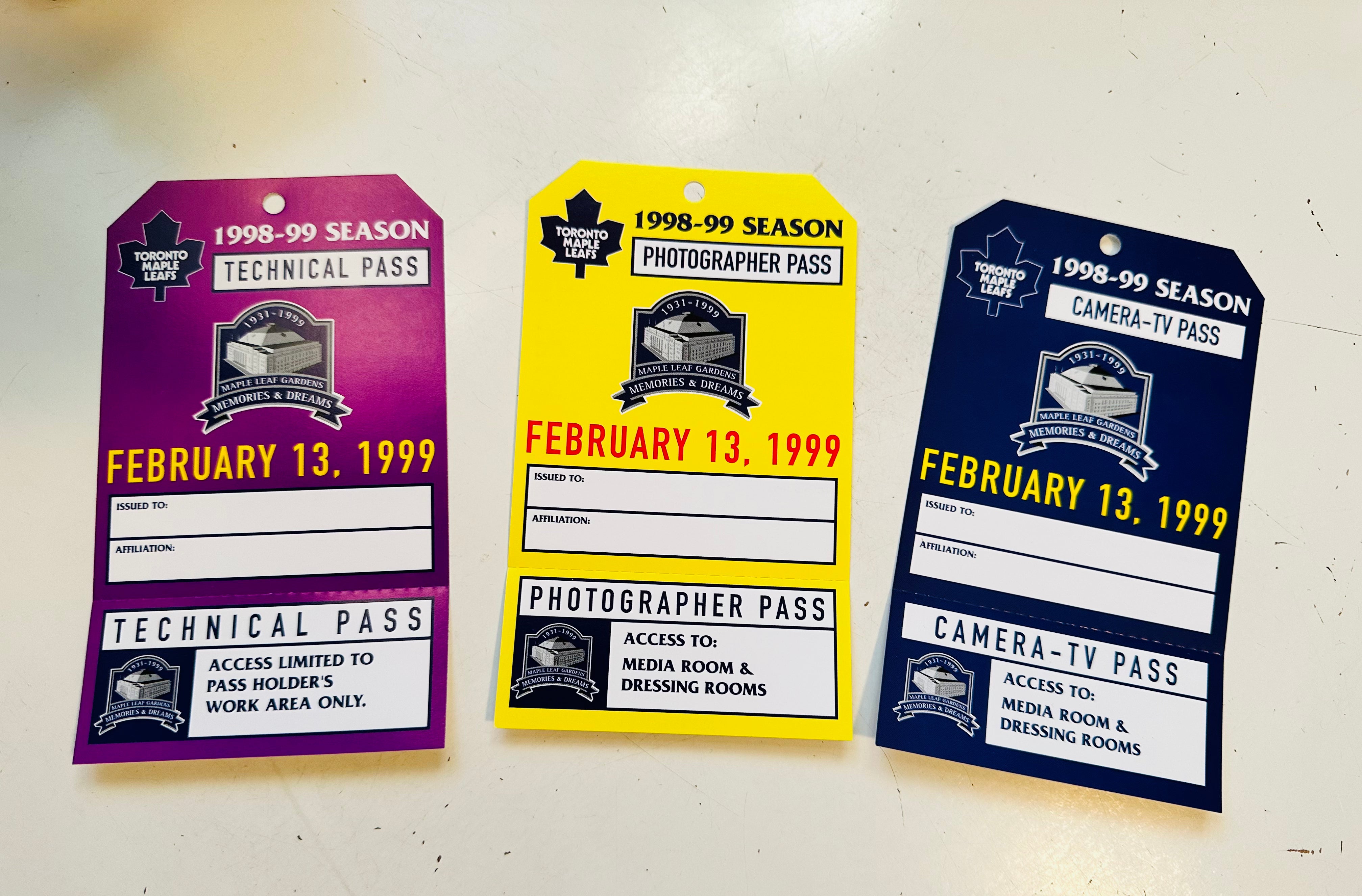 Toronto Maple Leaf Gardens hockey 3 rare press passes 1999