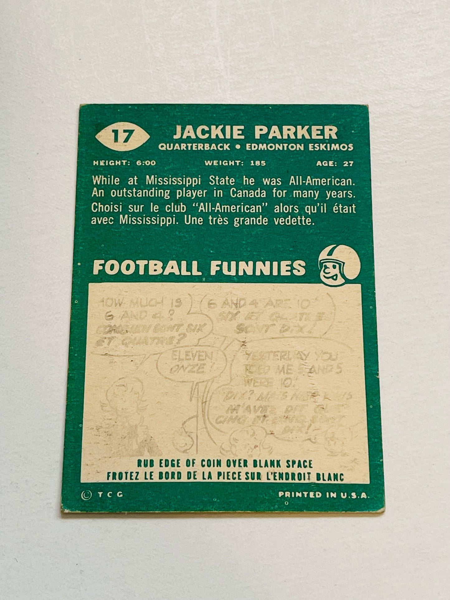 Jackie Parker CFL Topps football card 1960