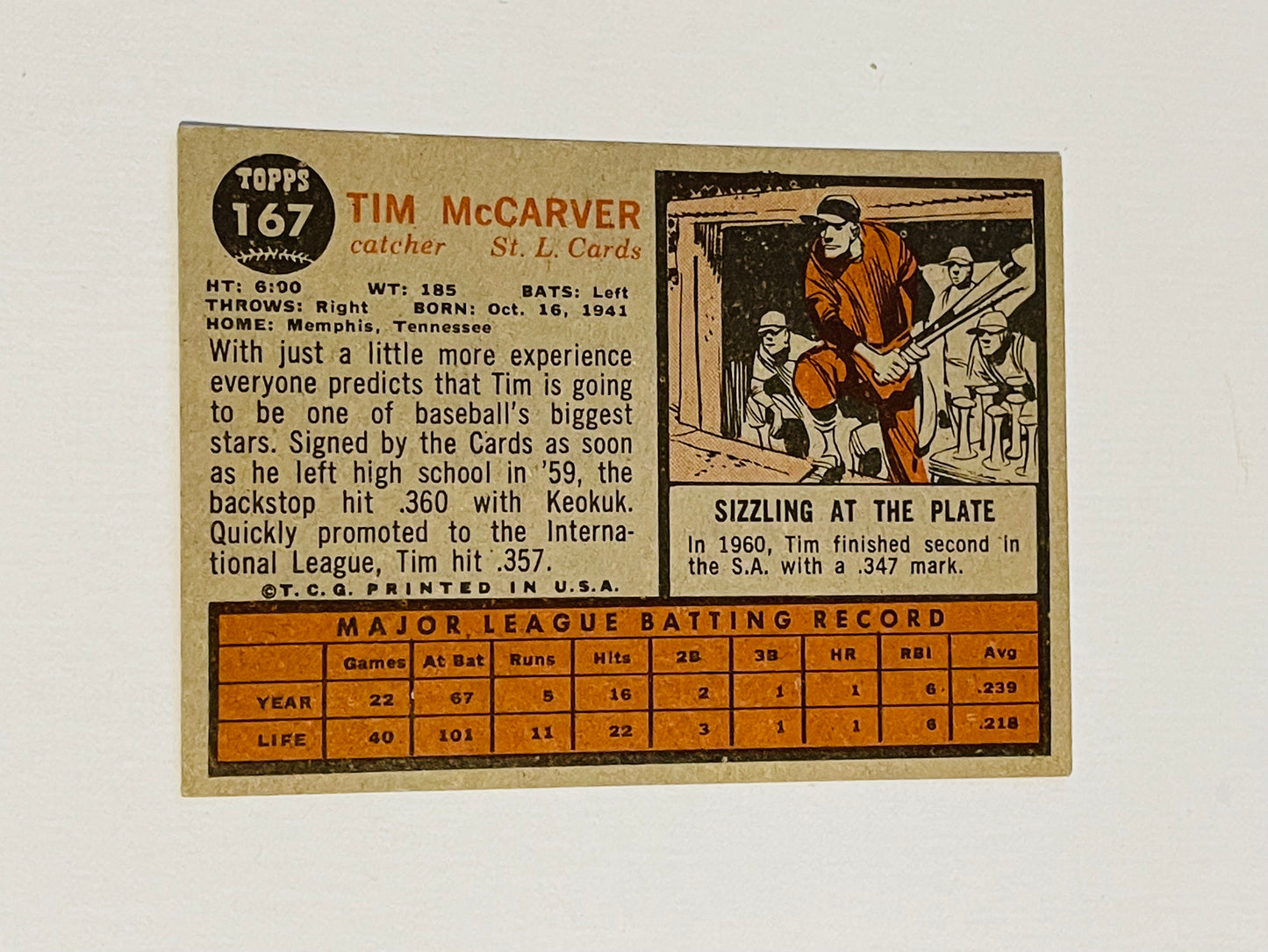 Tim McCarver Topps high grade rookie baseball card 1962