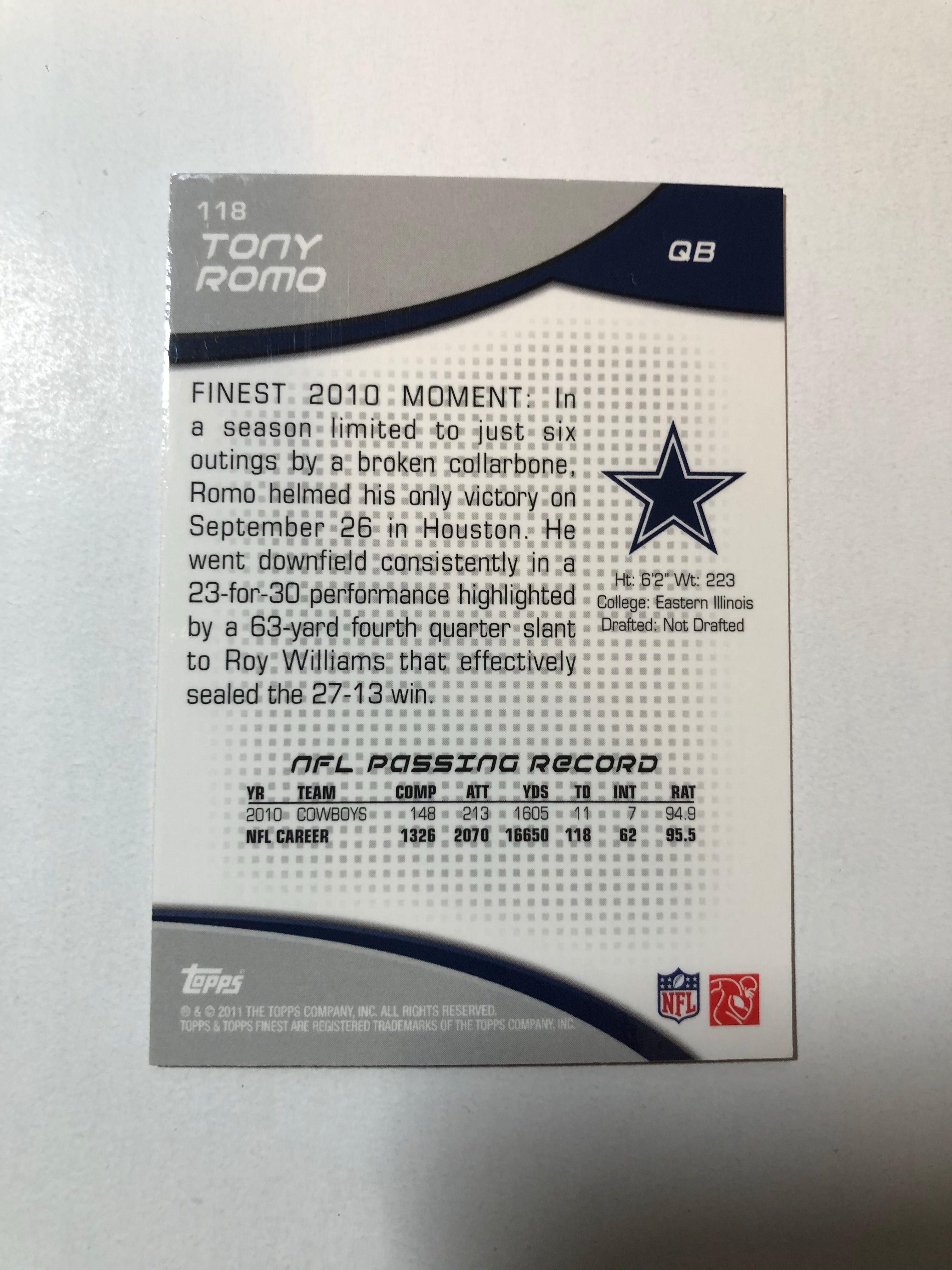 Tony Romo rare autograph football card with COA