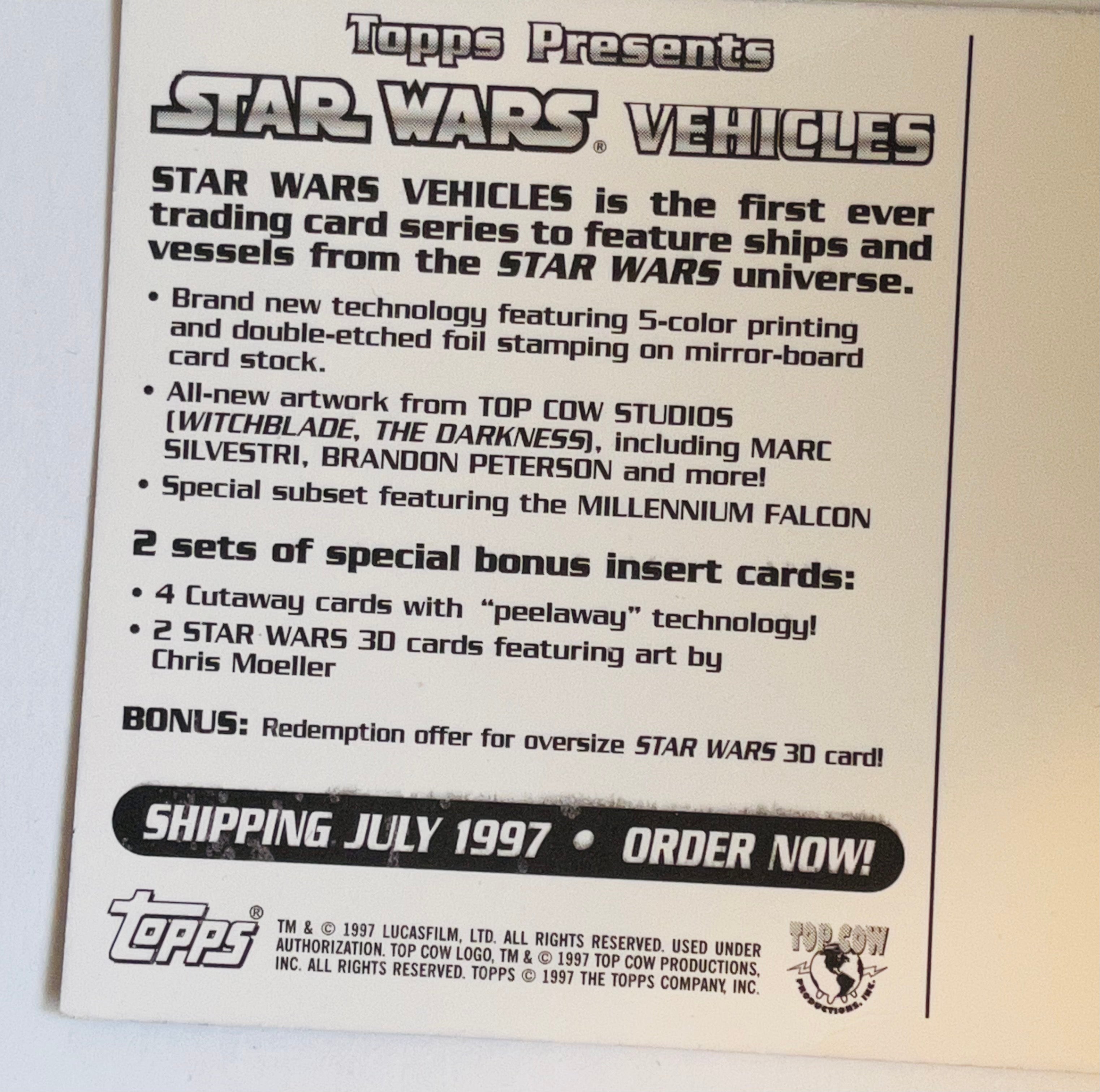 Star Wars Topps Vehicles promo postcard 1997