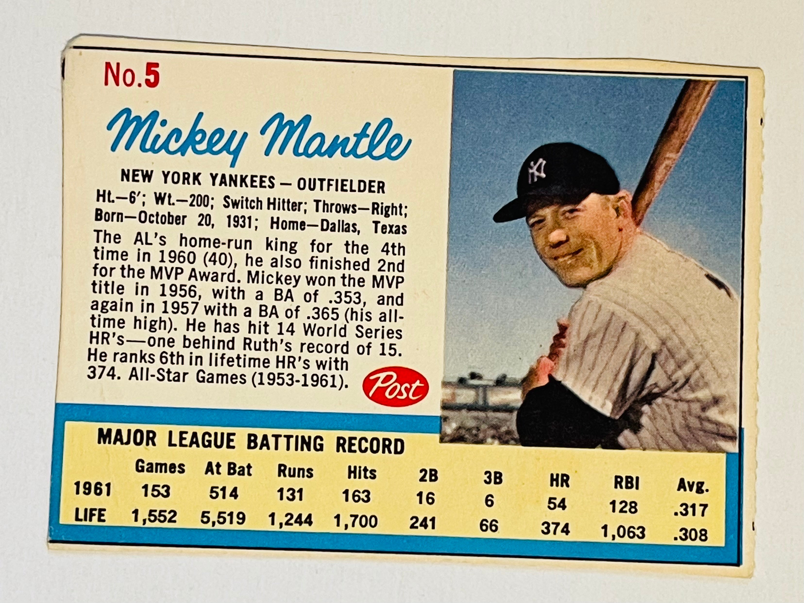 Mickey Mantle Post Cereal original high grade baseball card 1962