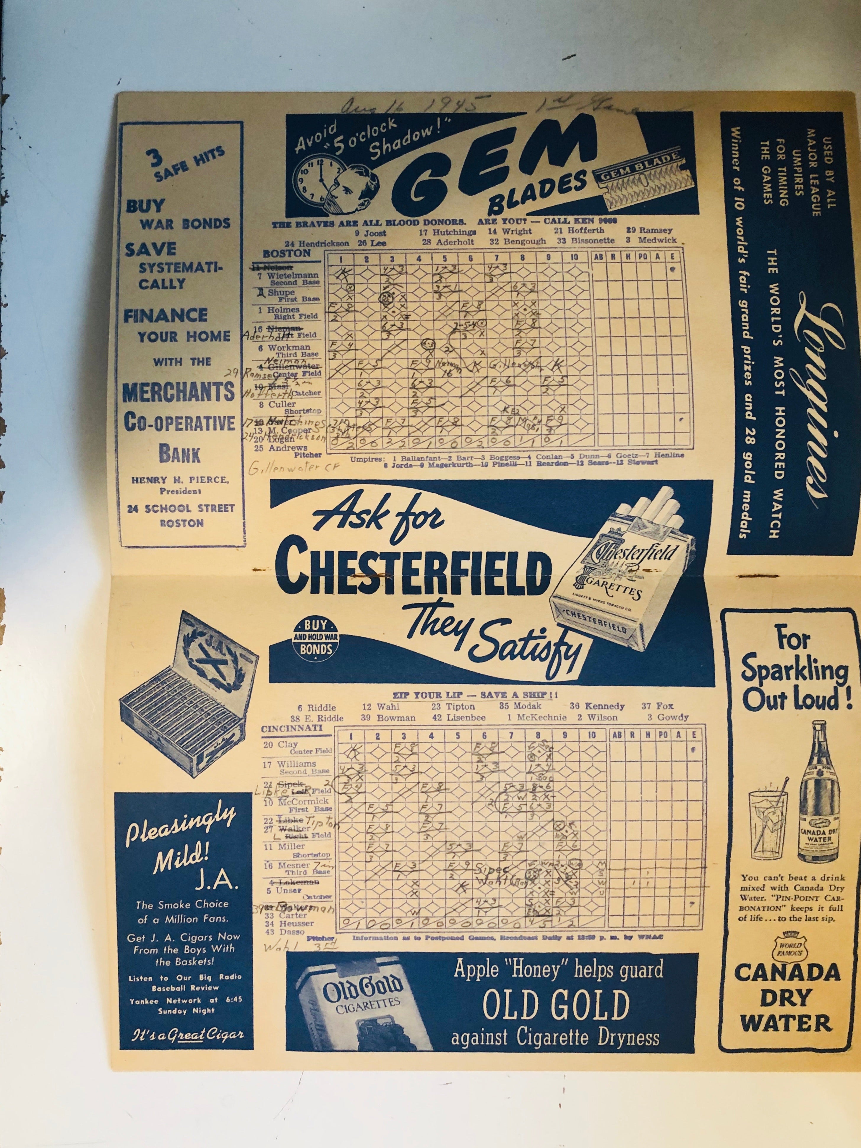 1945 Boston Braves baseball rare program scorecard