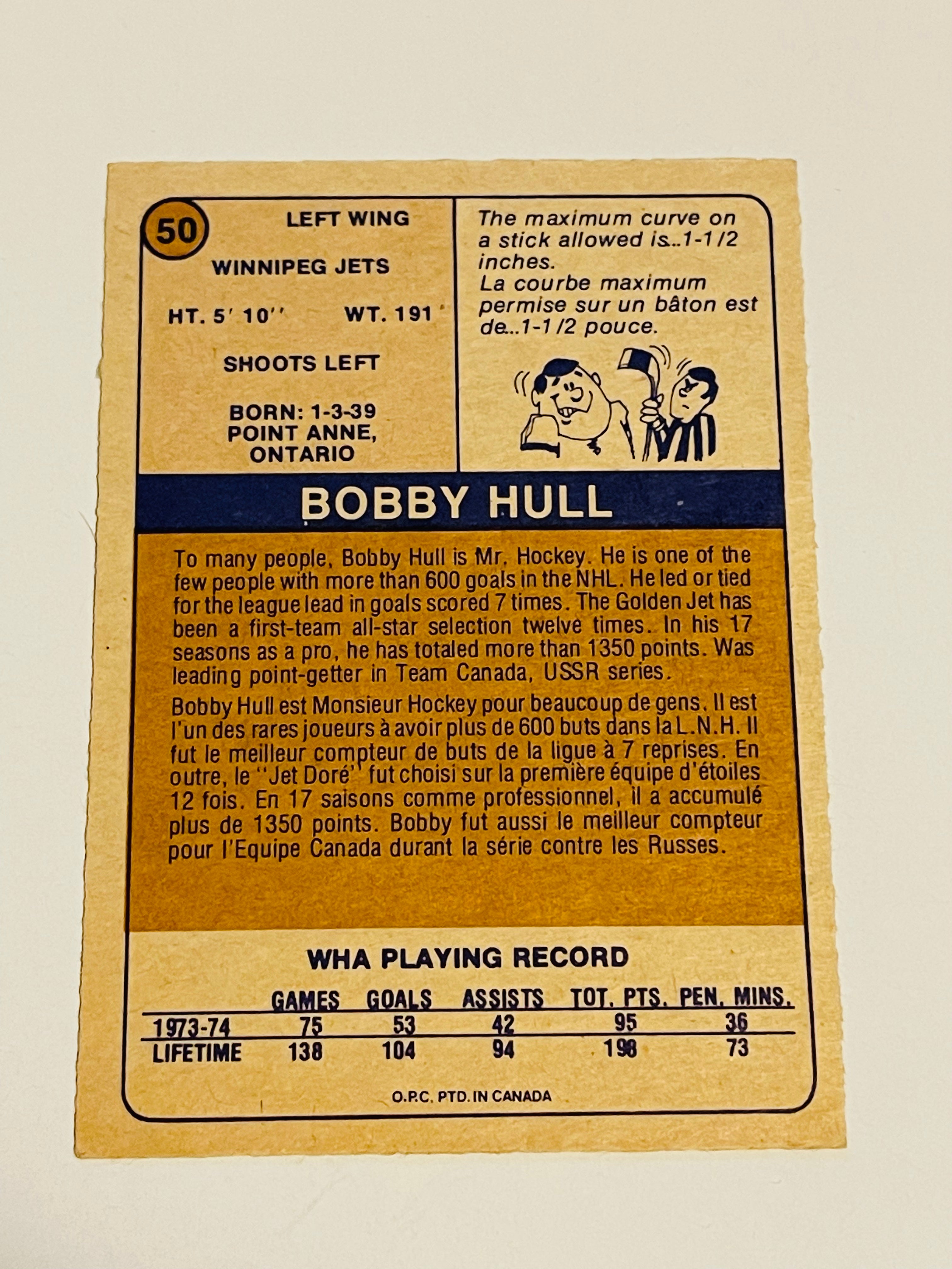 1974 WHA Bobby Hull hockey card