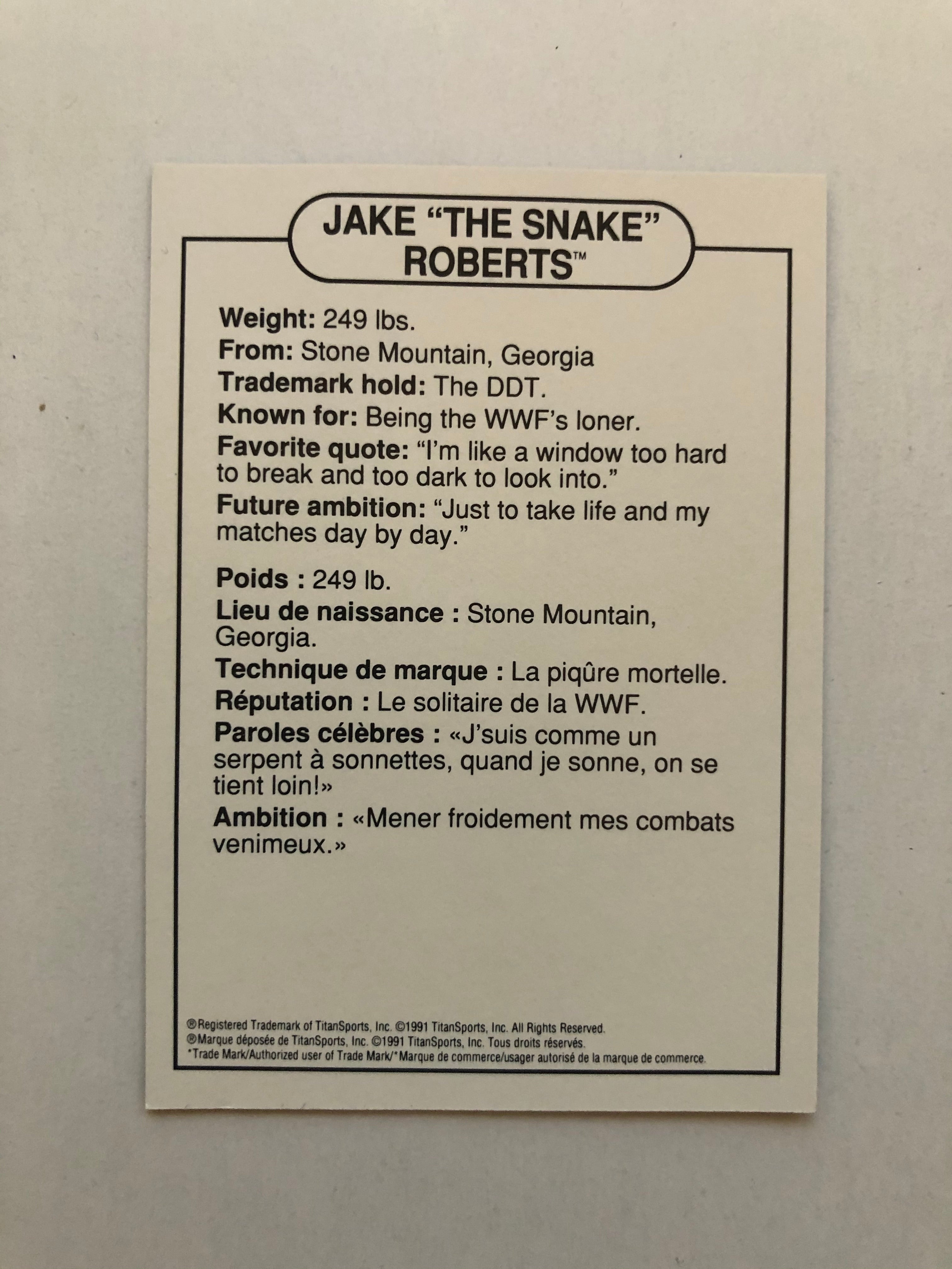 Wrestling legend Jake the Snake Roberts rare card