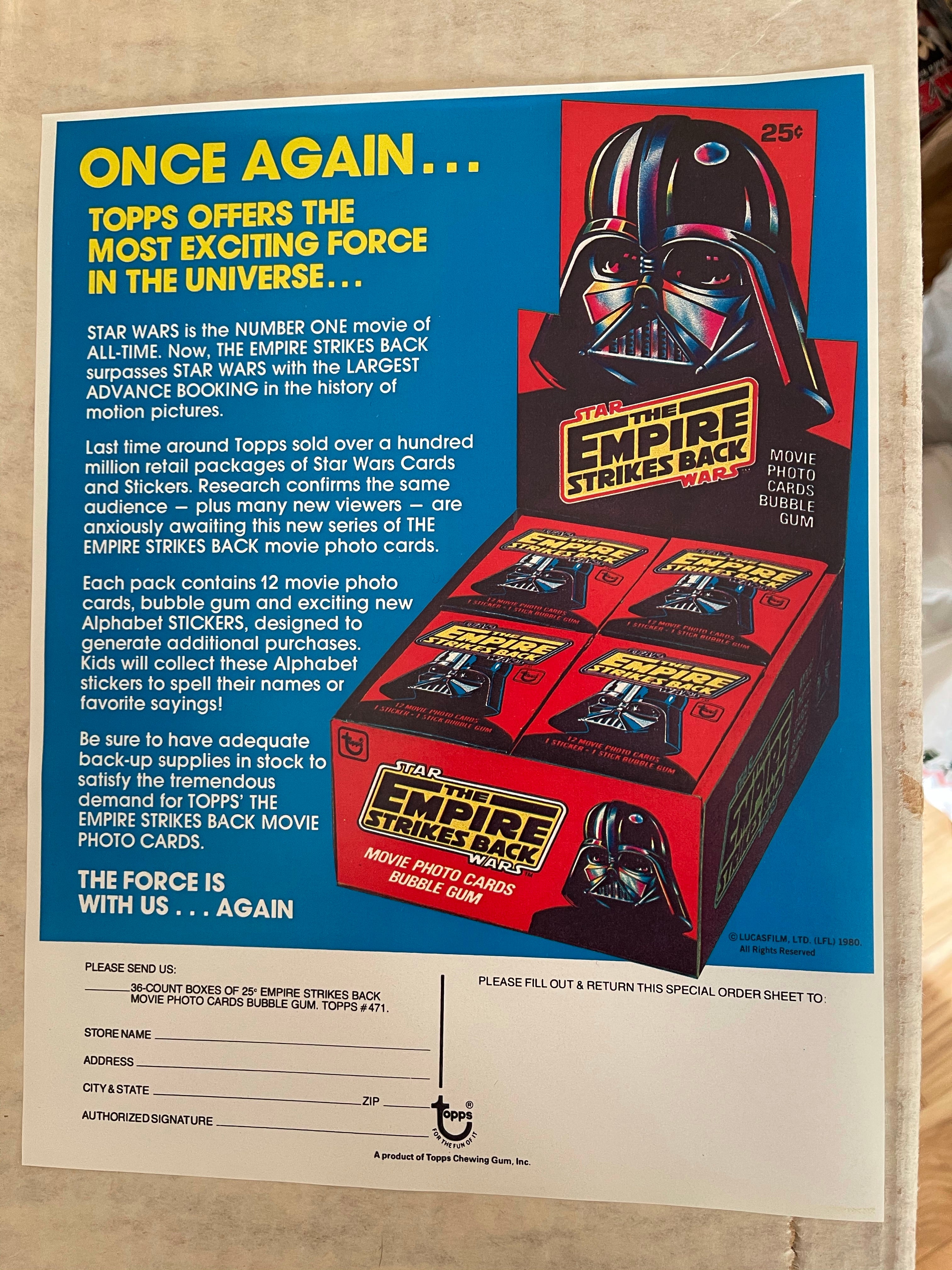Empire Strikes Back rare ad sell sheet for release of card issue 1981