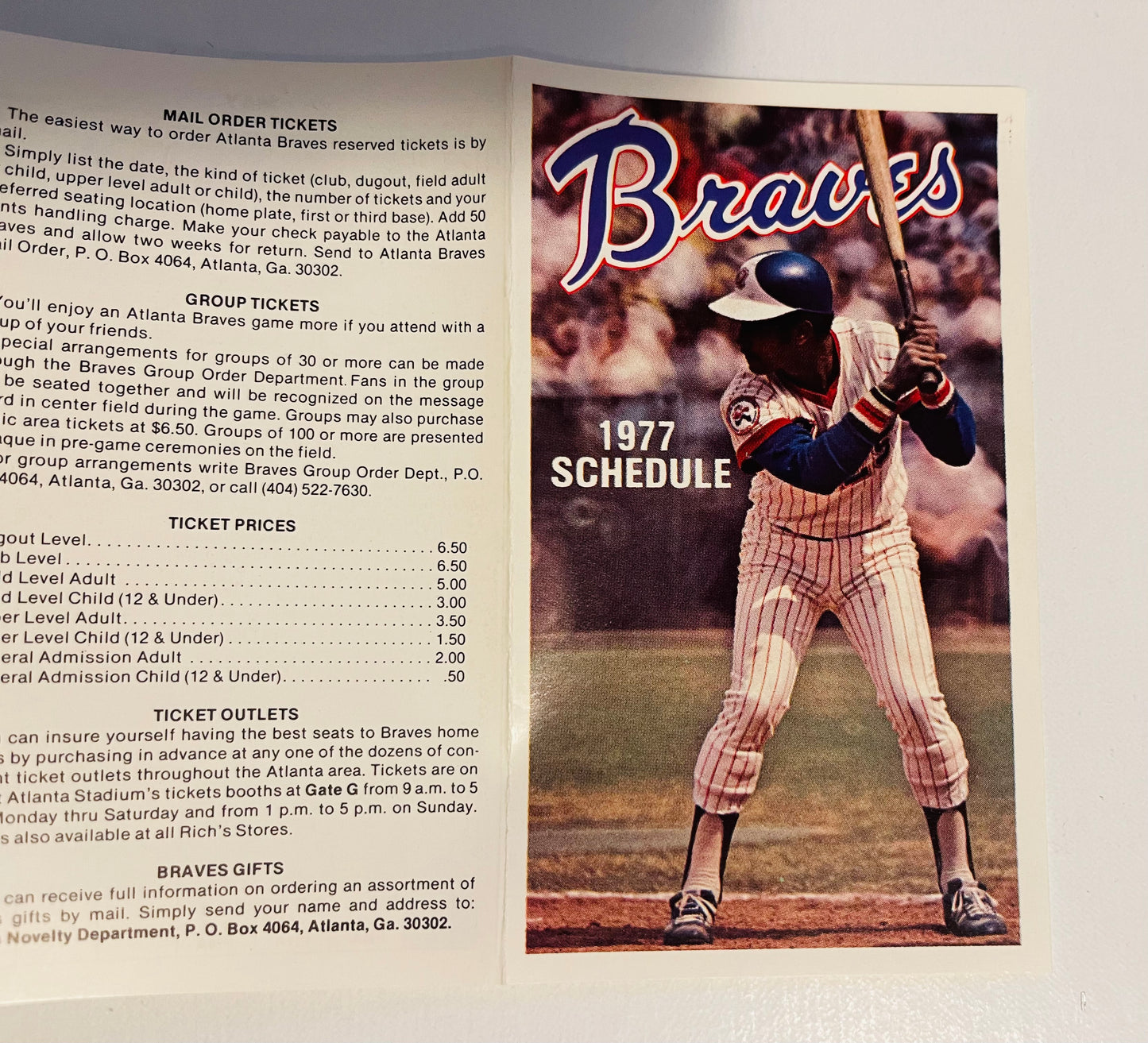 Hank Aaron Braves vintage baseball schedule 1977