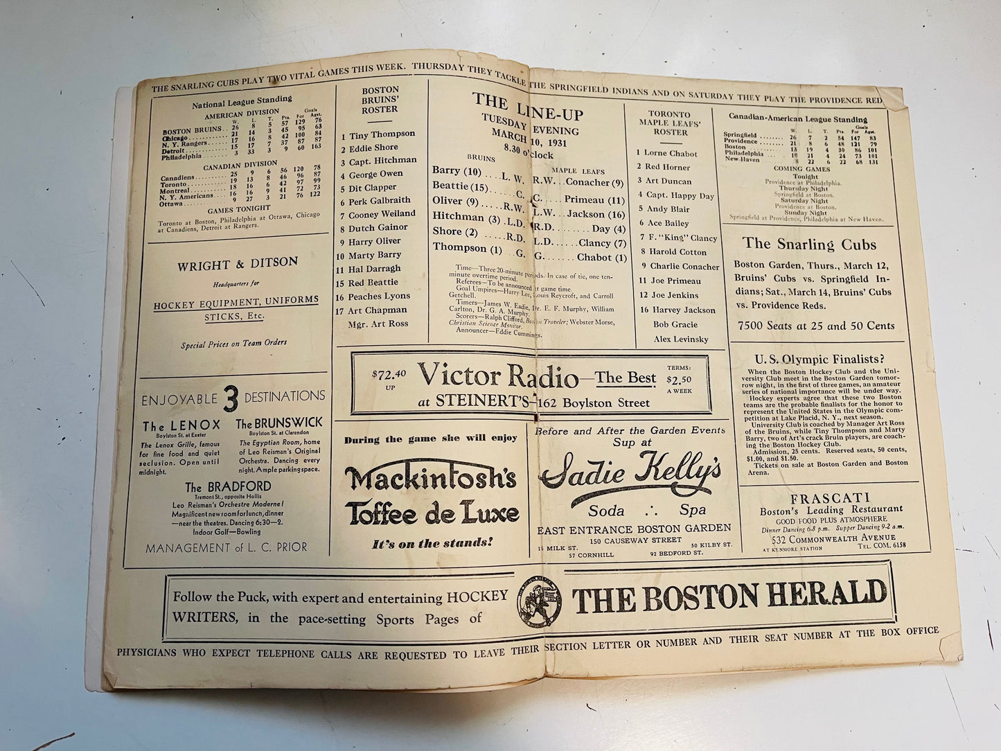 Boston Gardens rare early hockey game program Boston vs Leafs 1930-31