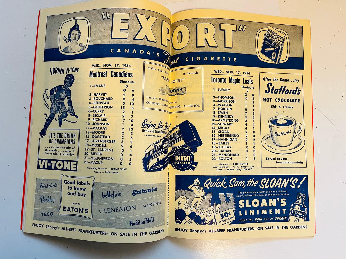 Maple Leaf Gardens hockey game original program,Nov.17,1954