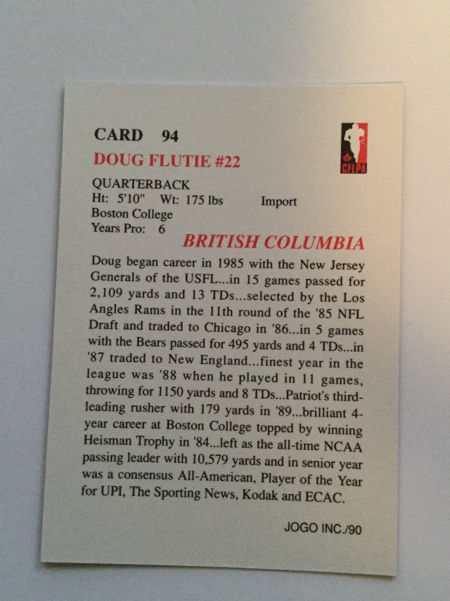 CFL football Doug Flutie rookie card 1990