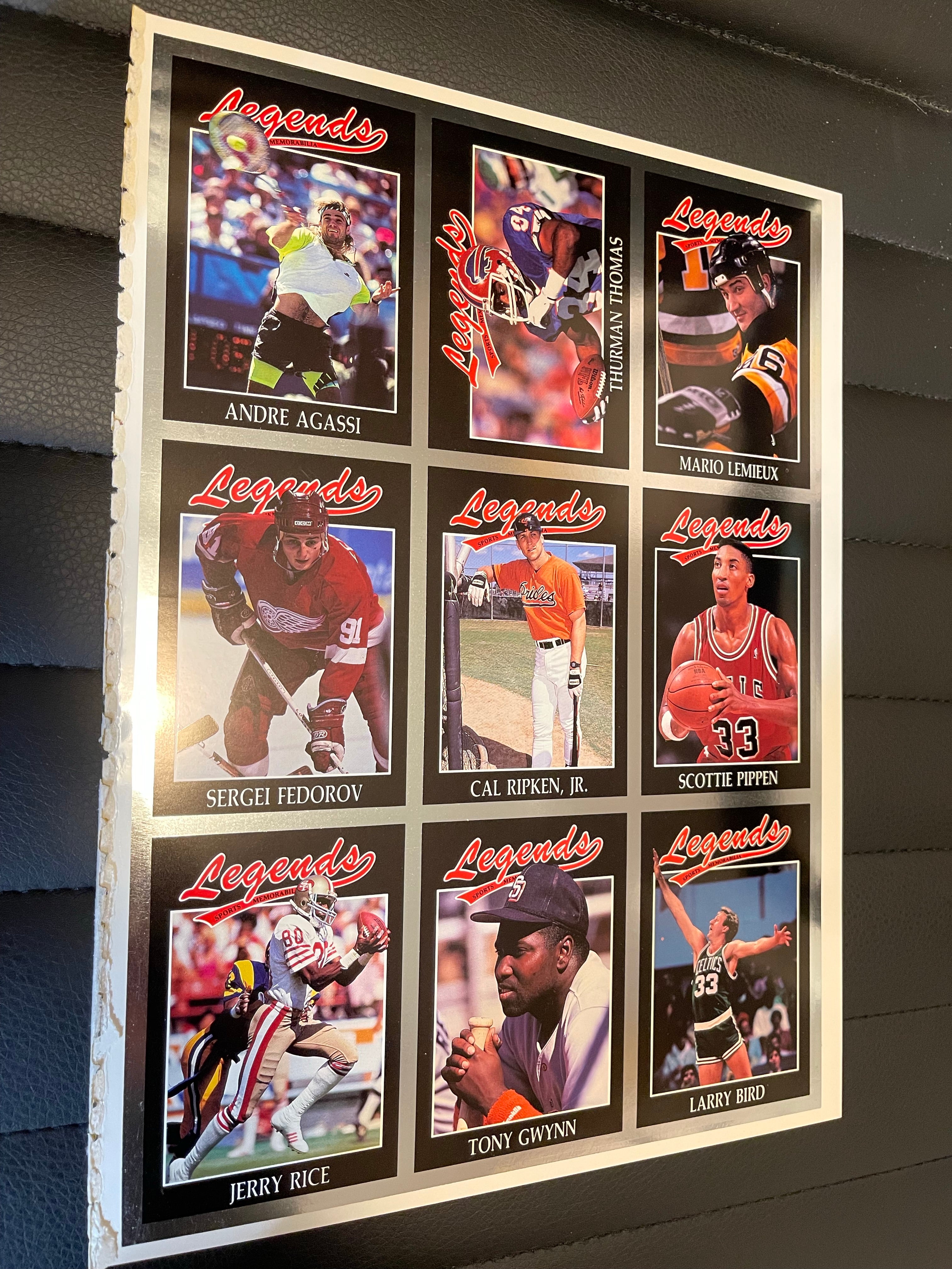 Legends sports cards uncut sheet ,Larry Bird, Lemieux and Andre Agassi and more