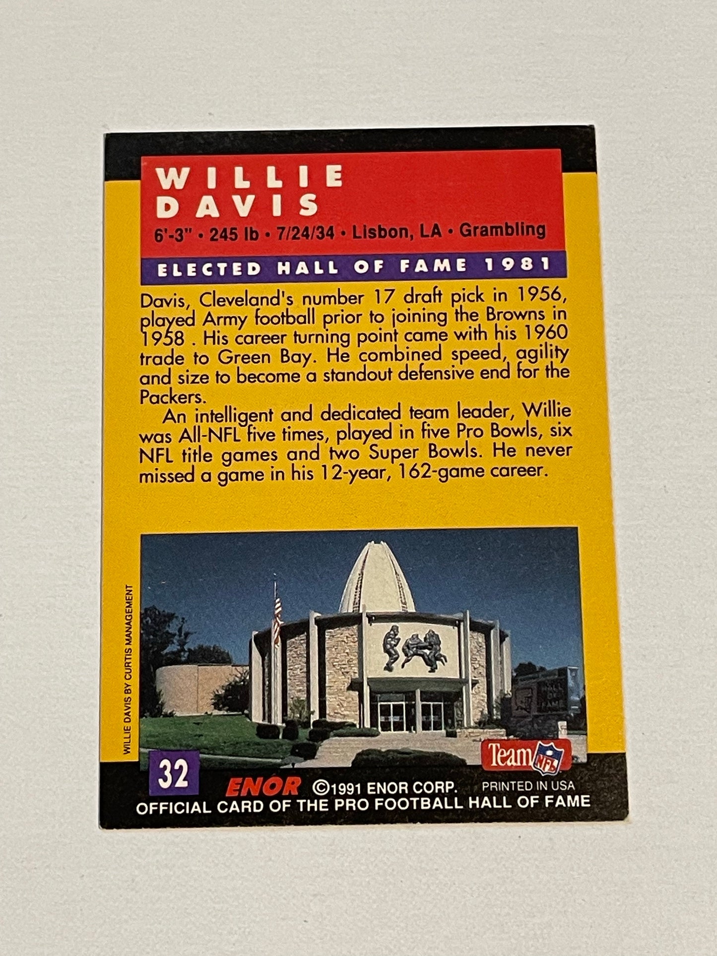 Willie Davis signed football card with COA