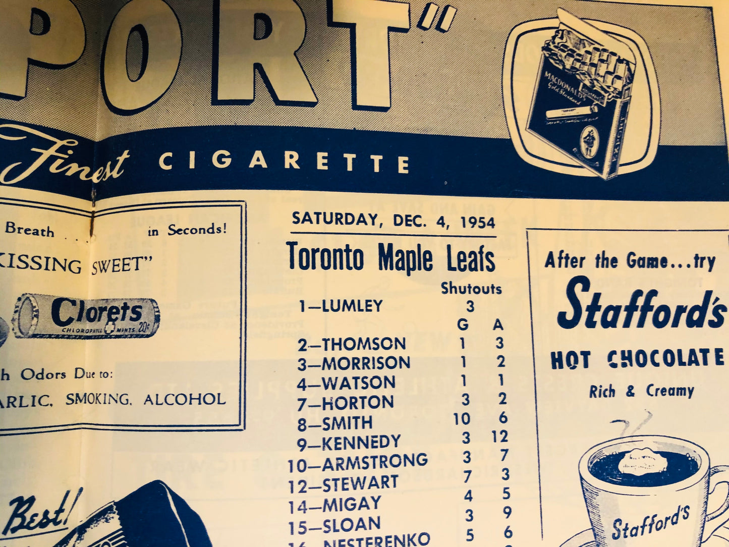 Toronto Maple Leafs hockey game program Dec.4,1954