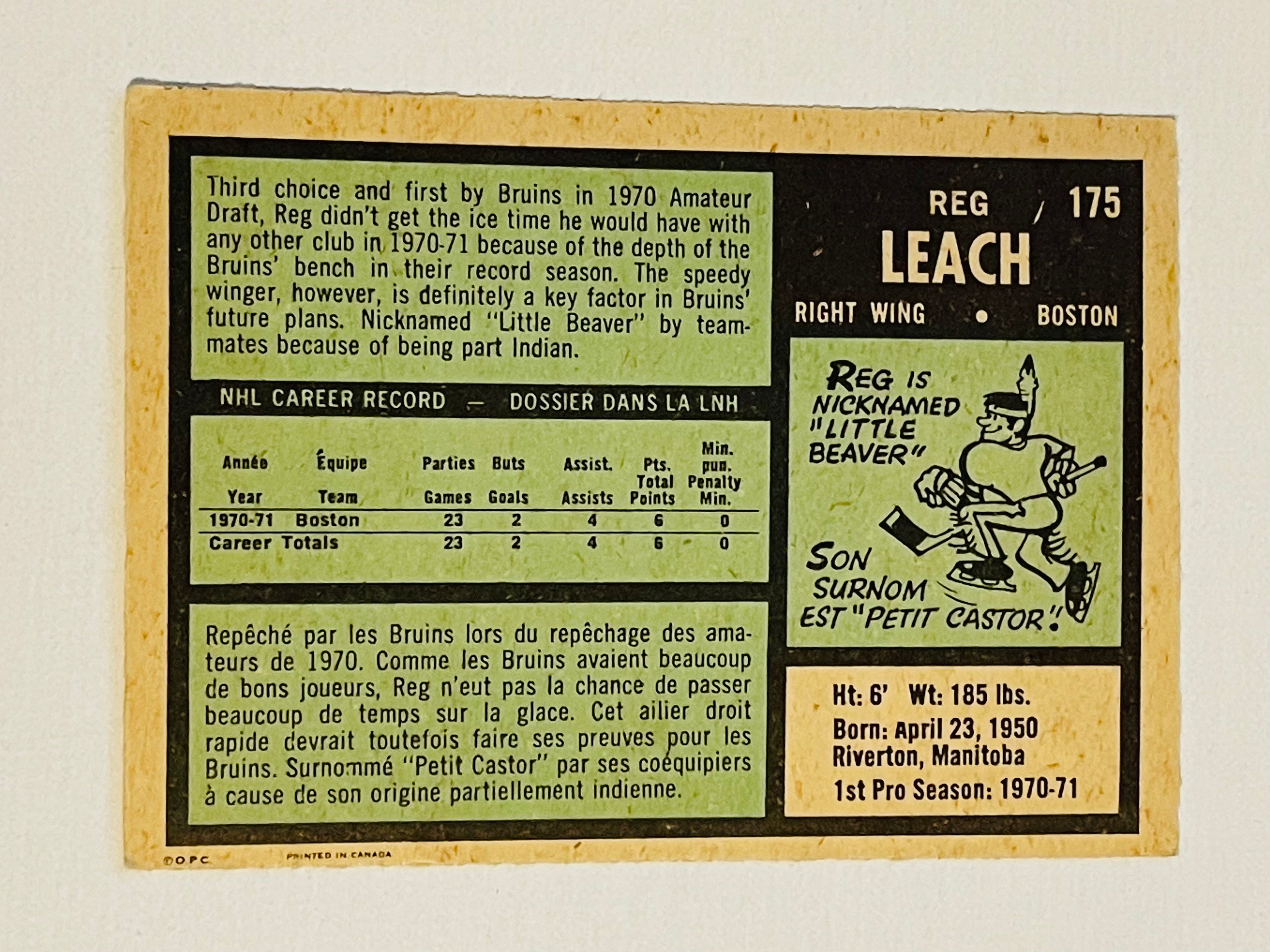 Reg Leach opc hockey rookie card 1971