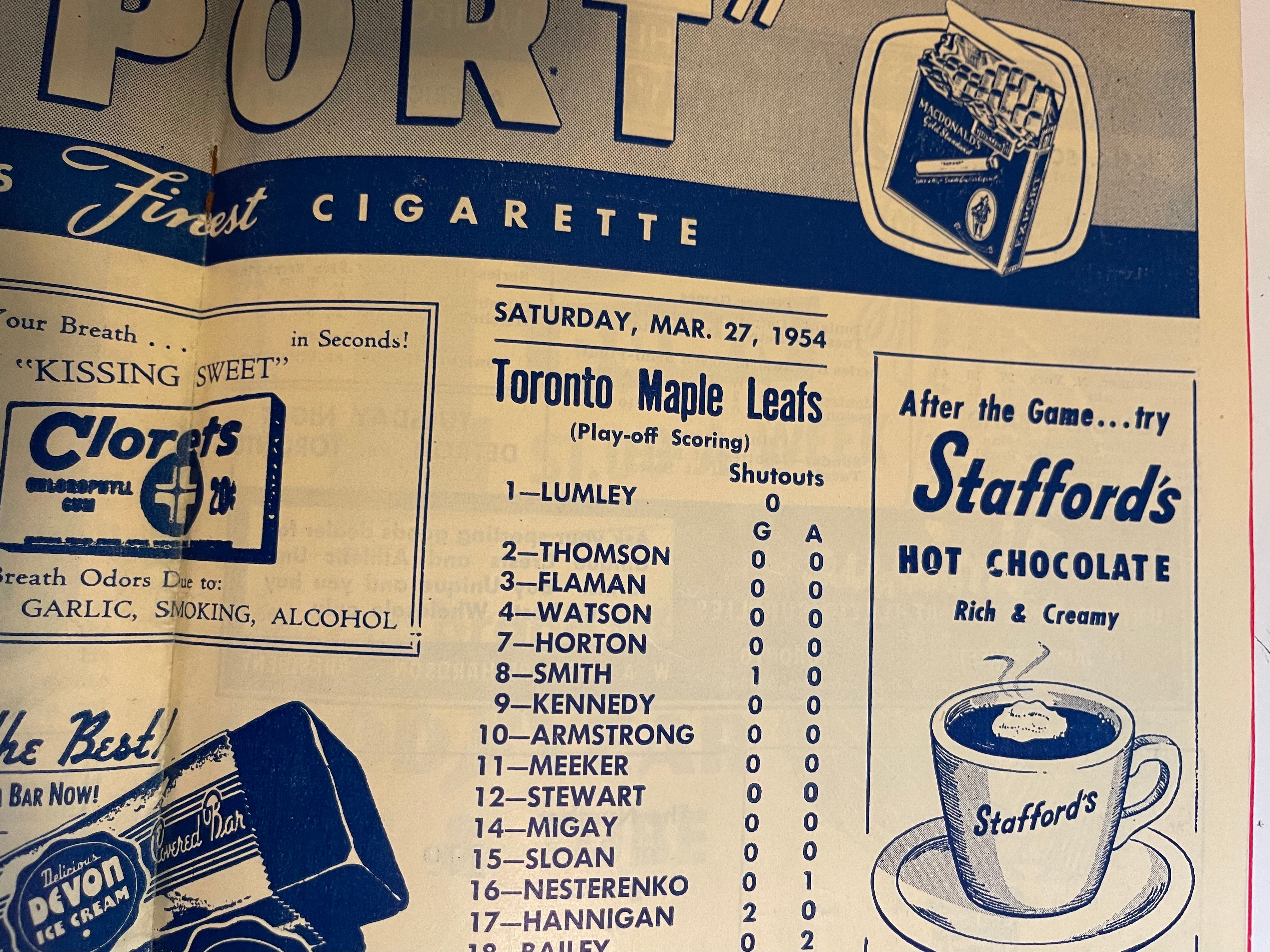 Toronto Maple Leafs hockey game program March 27,1954