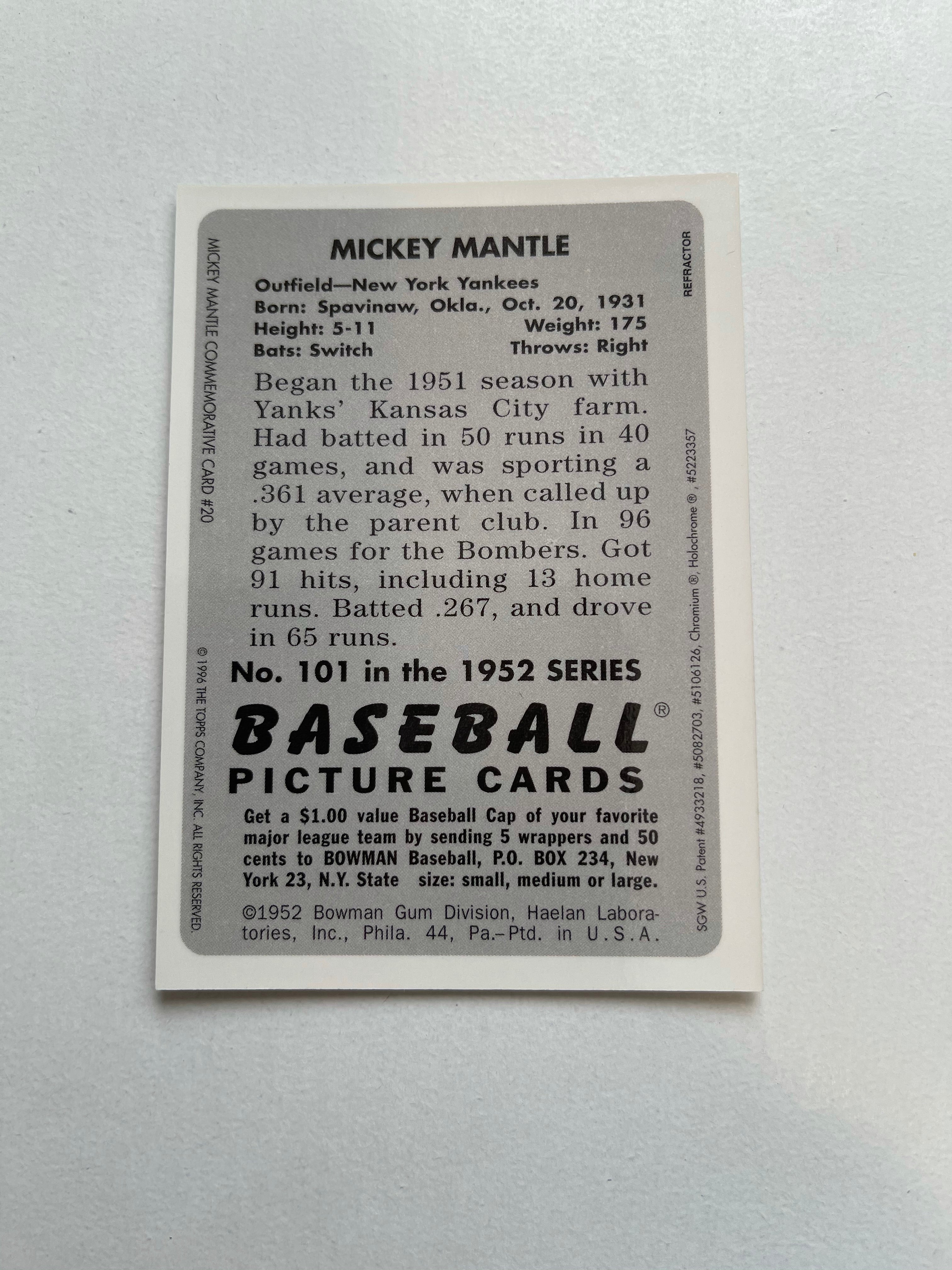 Mickey Mantle Topps refractor foil insert baseball card 1996
