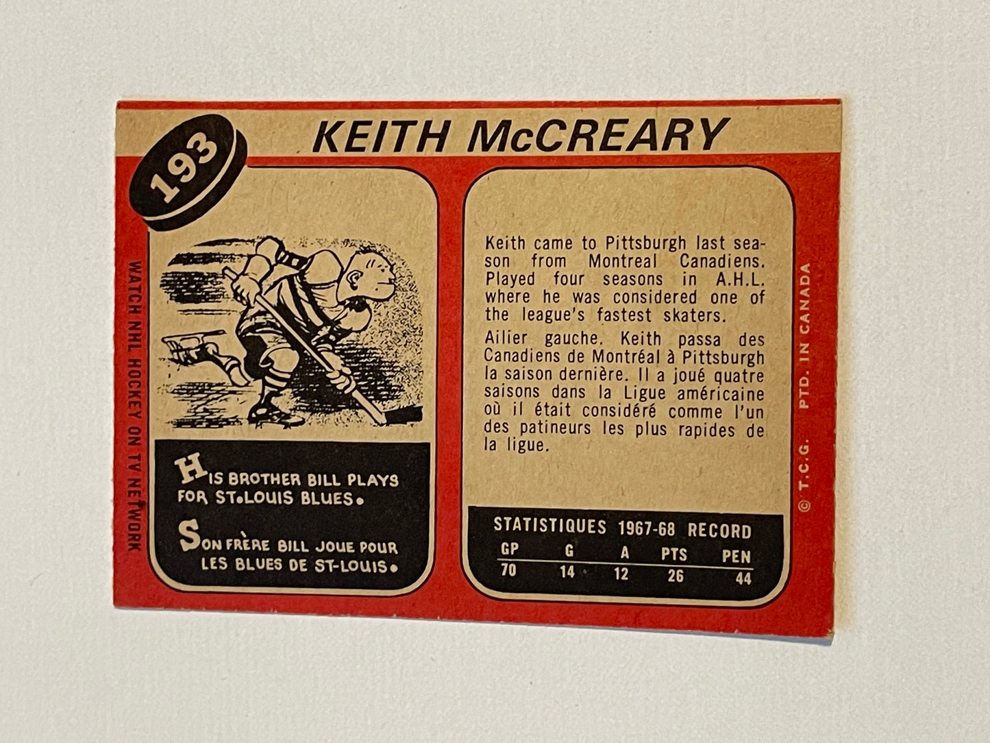 1968/68 Keith McCreary Opc high grade condition rookie hockey card