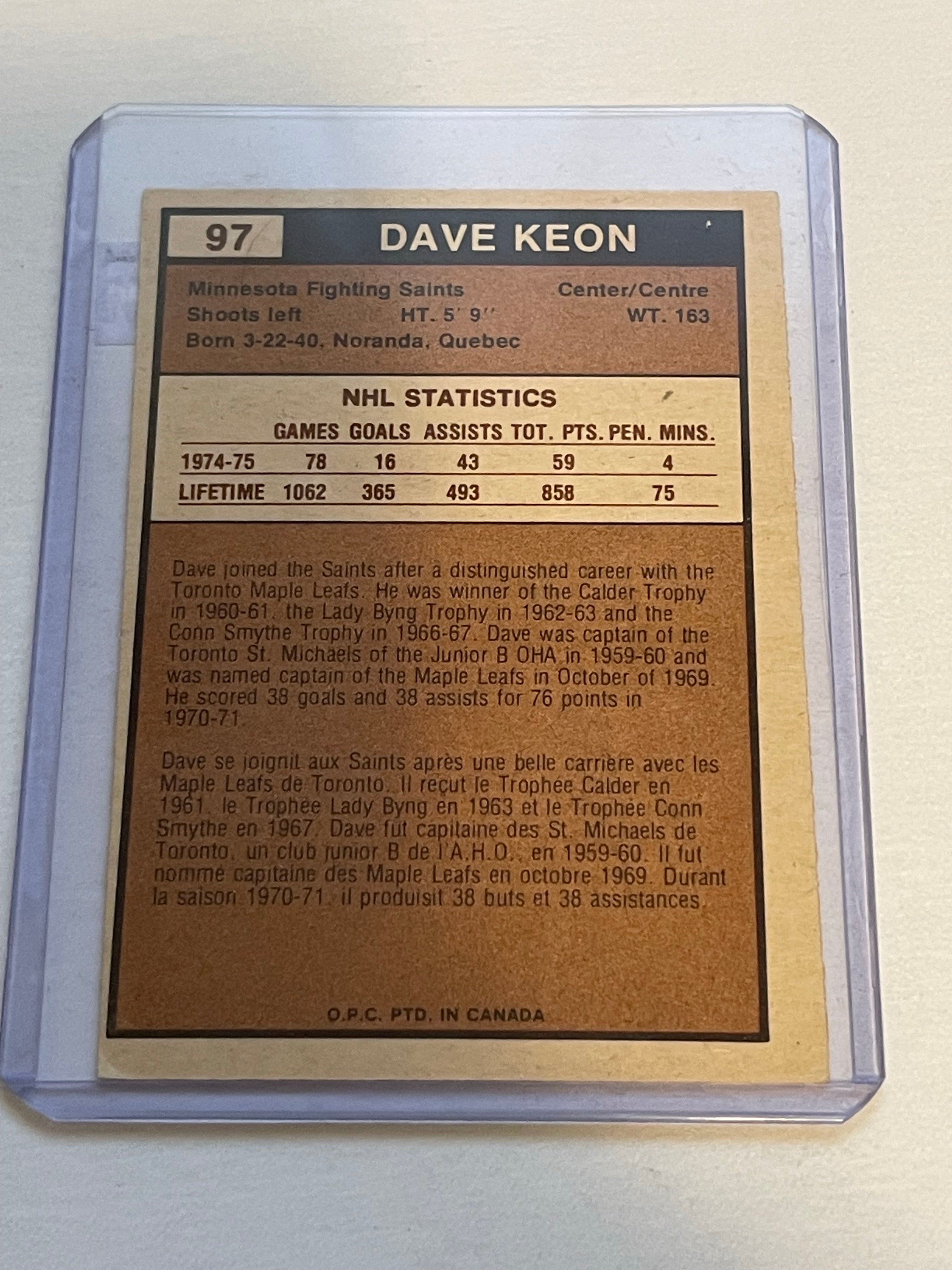 Dave Keon WHA hockey card 1975
