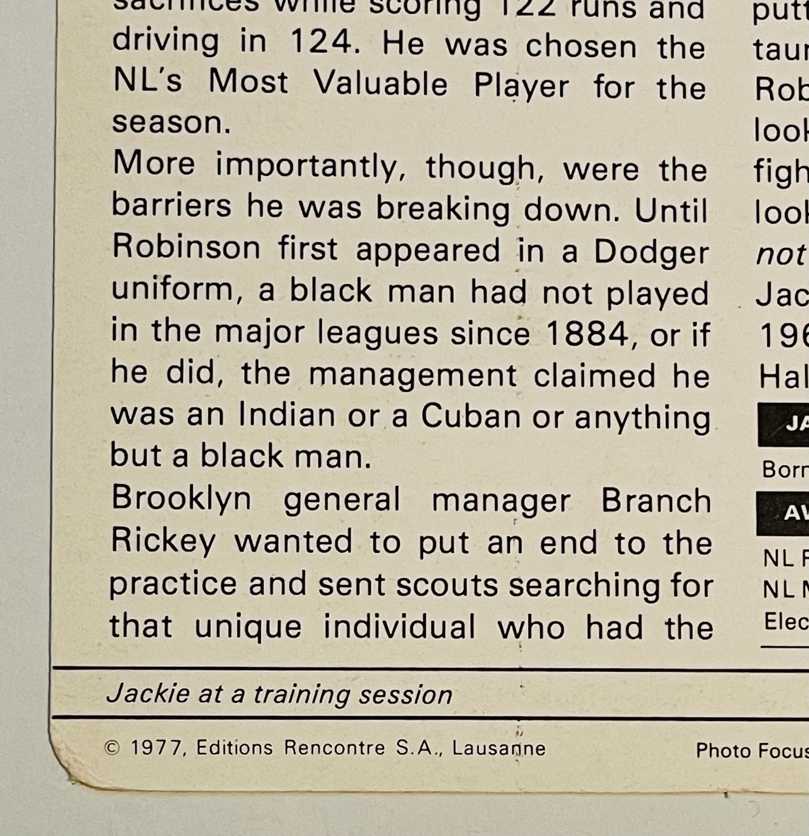 Jackie Robinson rare 5x7 baseball card printed in Italy 1977