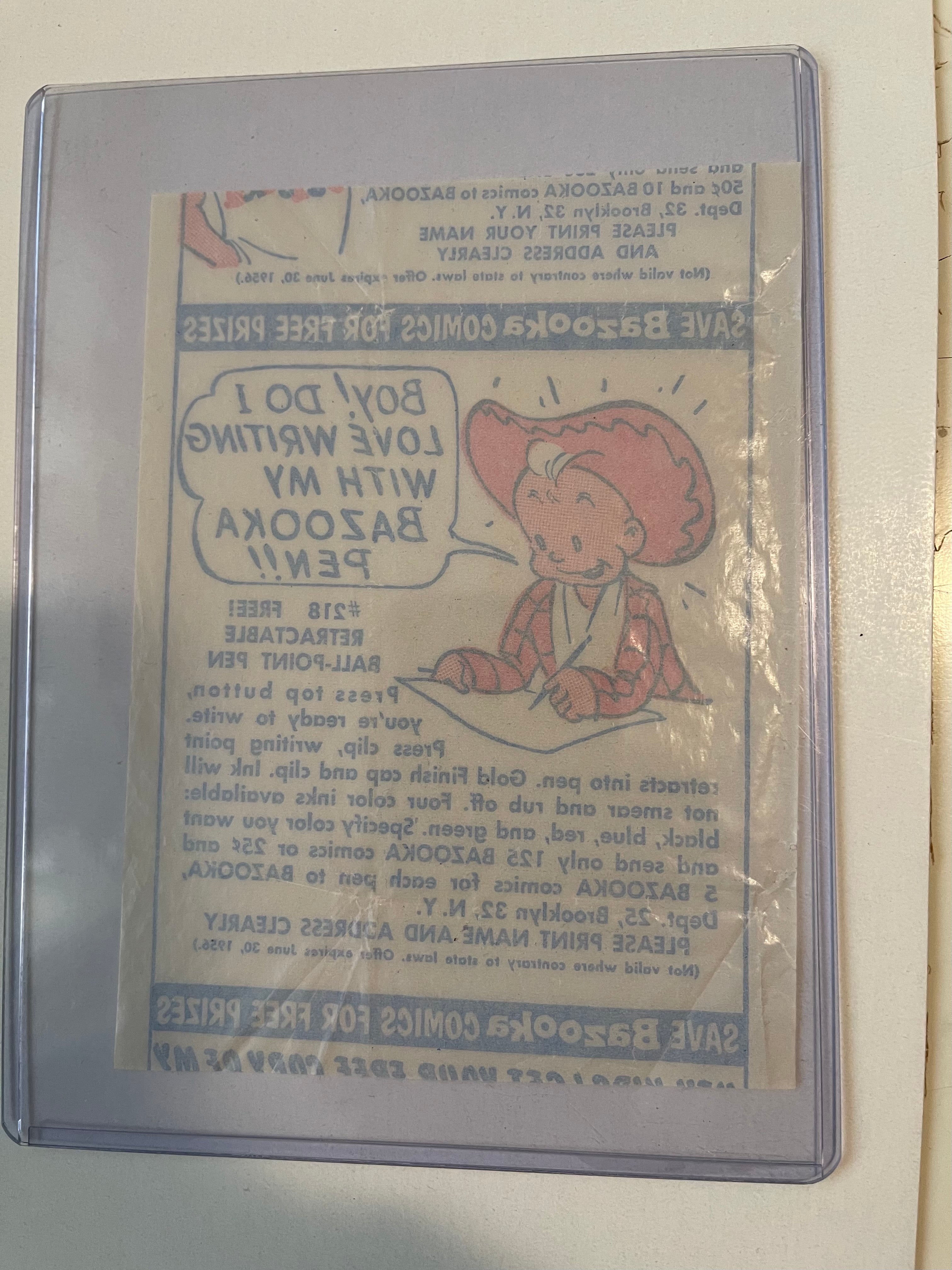 Bazooka Joe Topps rare advertising wrapper 1954