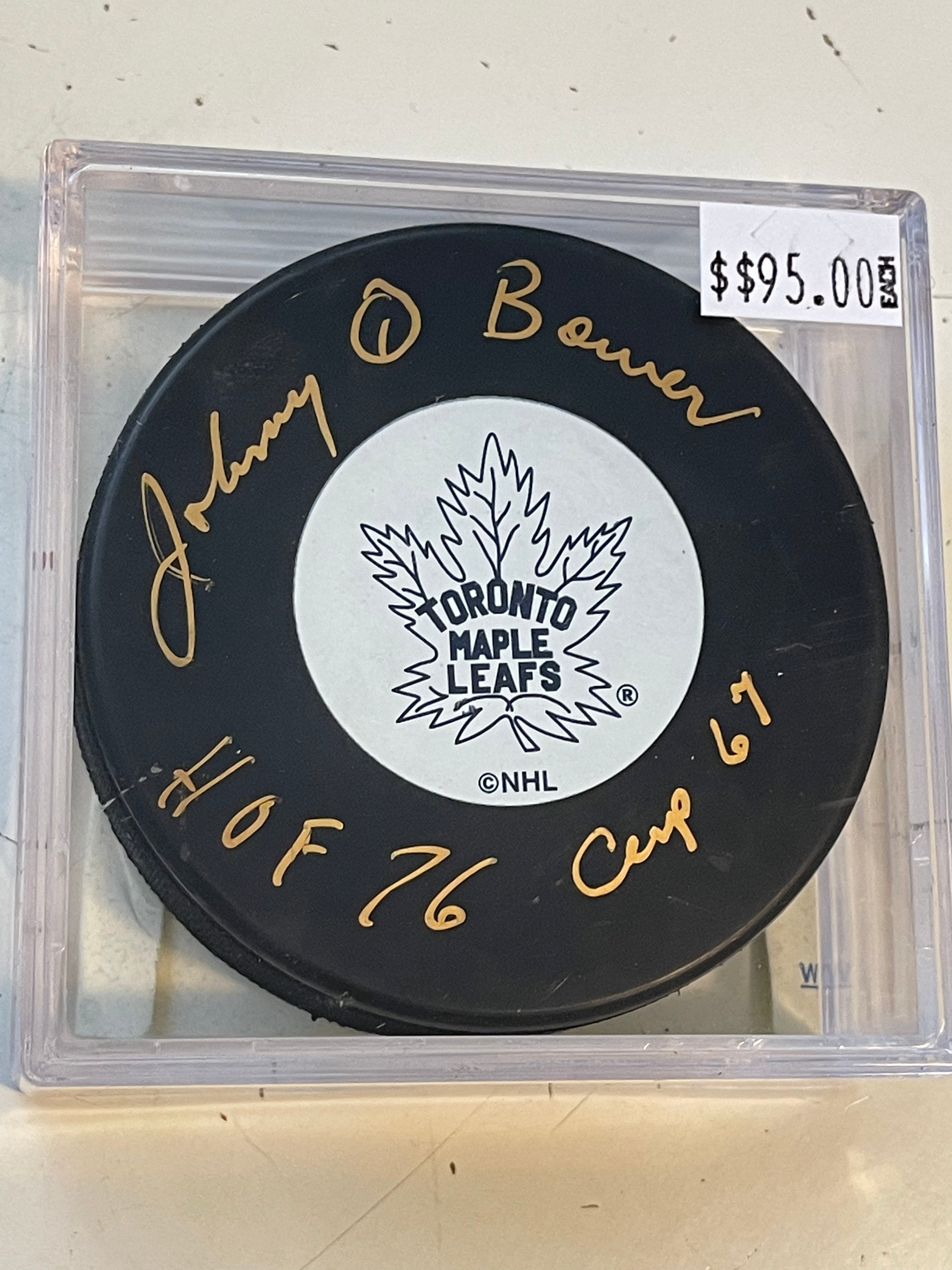 Johnny Bower Toronto Maple Leafs autograph inscription puck with COA