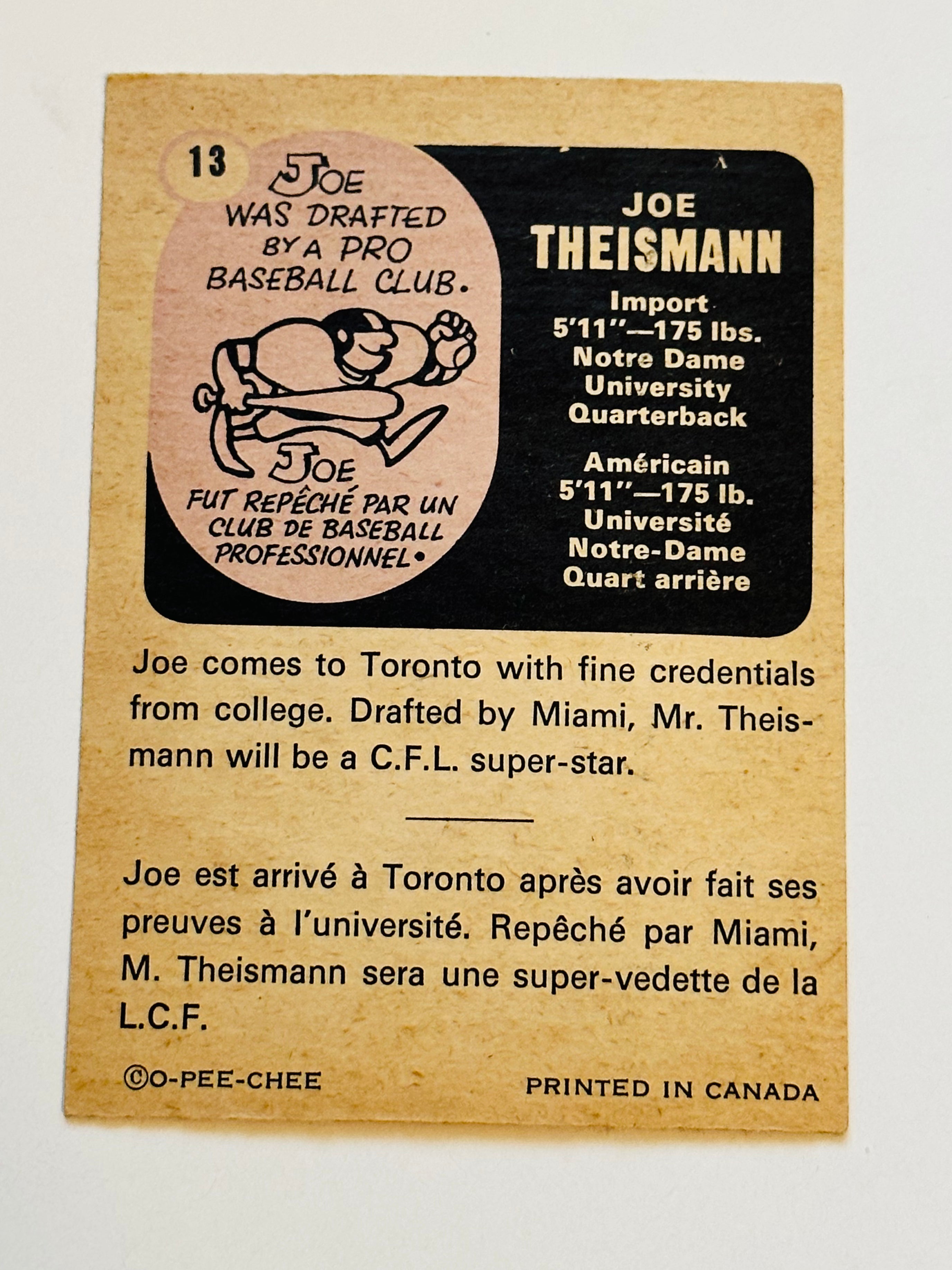 Joe Theismann CFL football Opc rare rookie card 1971
