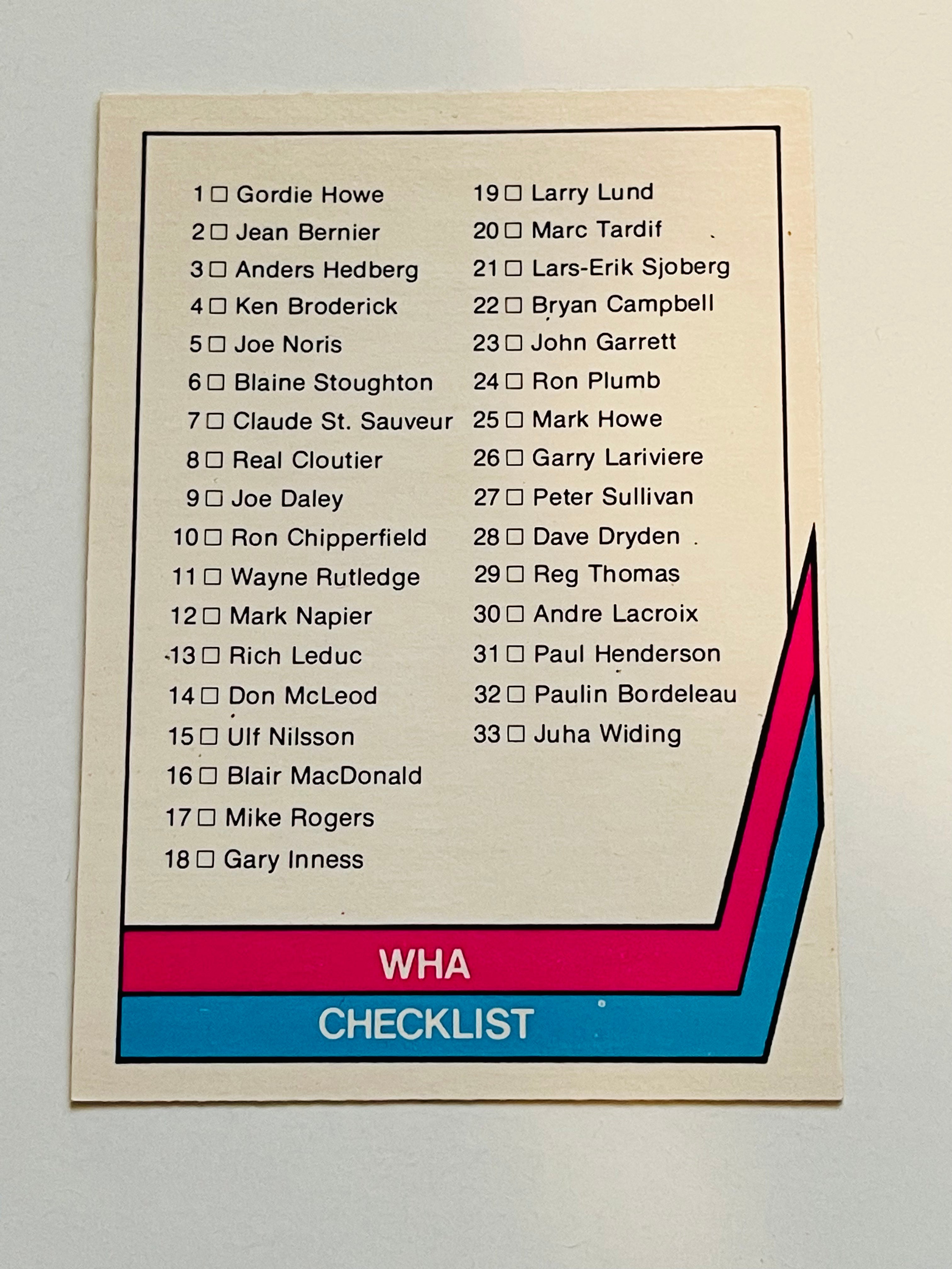 WHA hockey unmarked checklist 1977