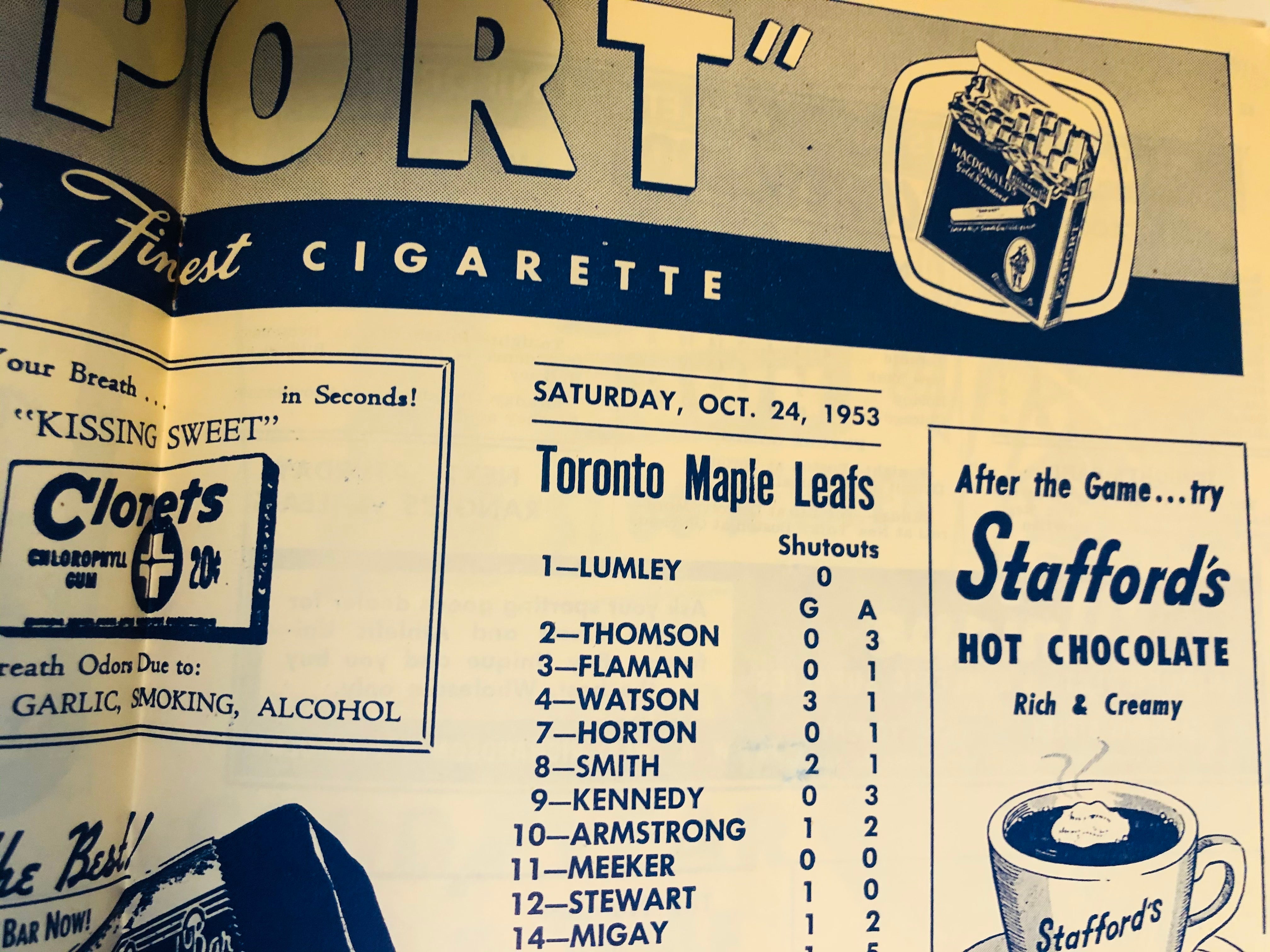 Toronto Maple Leafs hockey game program,Oct.24,1953