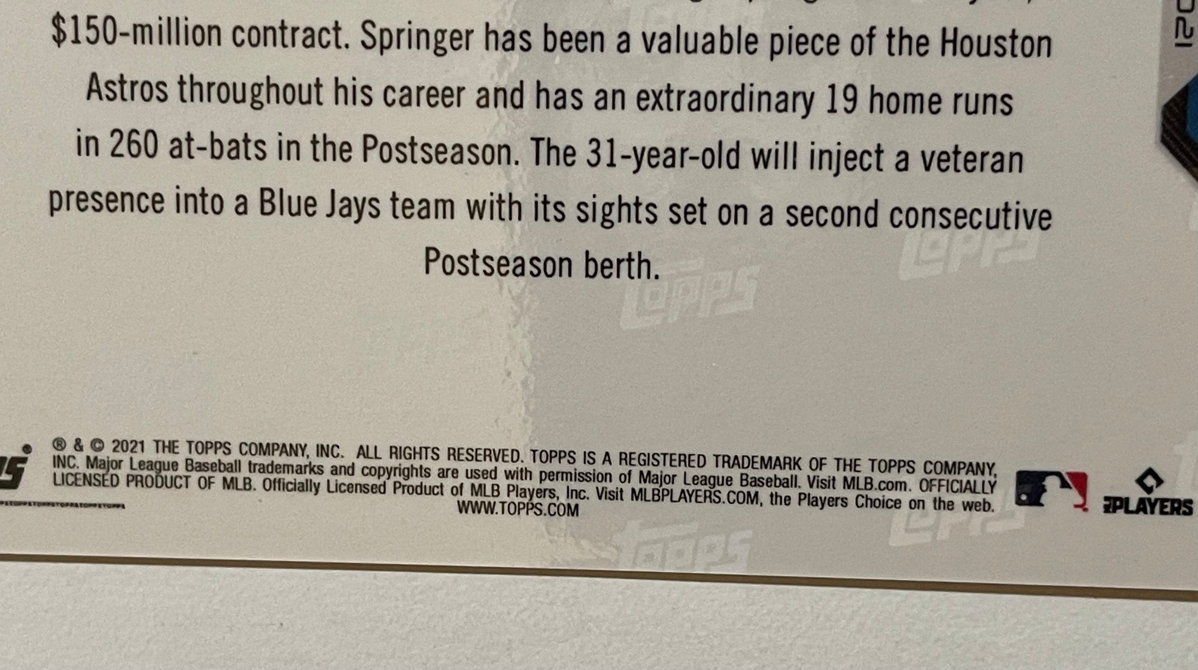 Toronto Blue Jays baseball George Springer limited issued Topps baseball card 2021