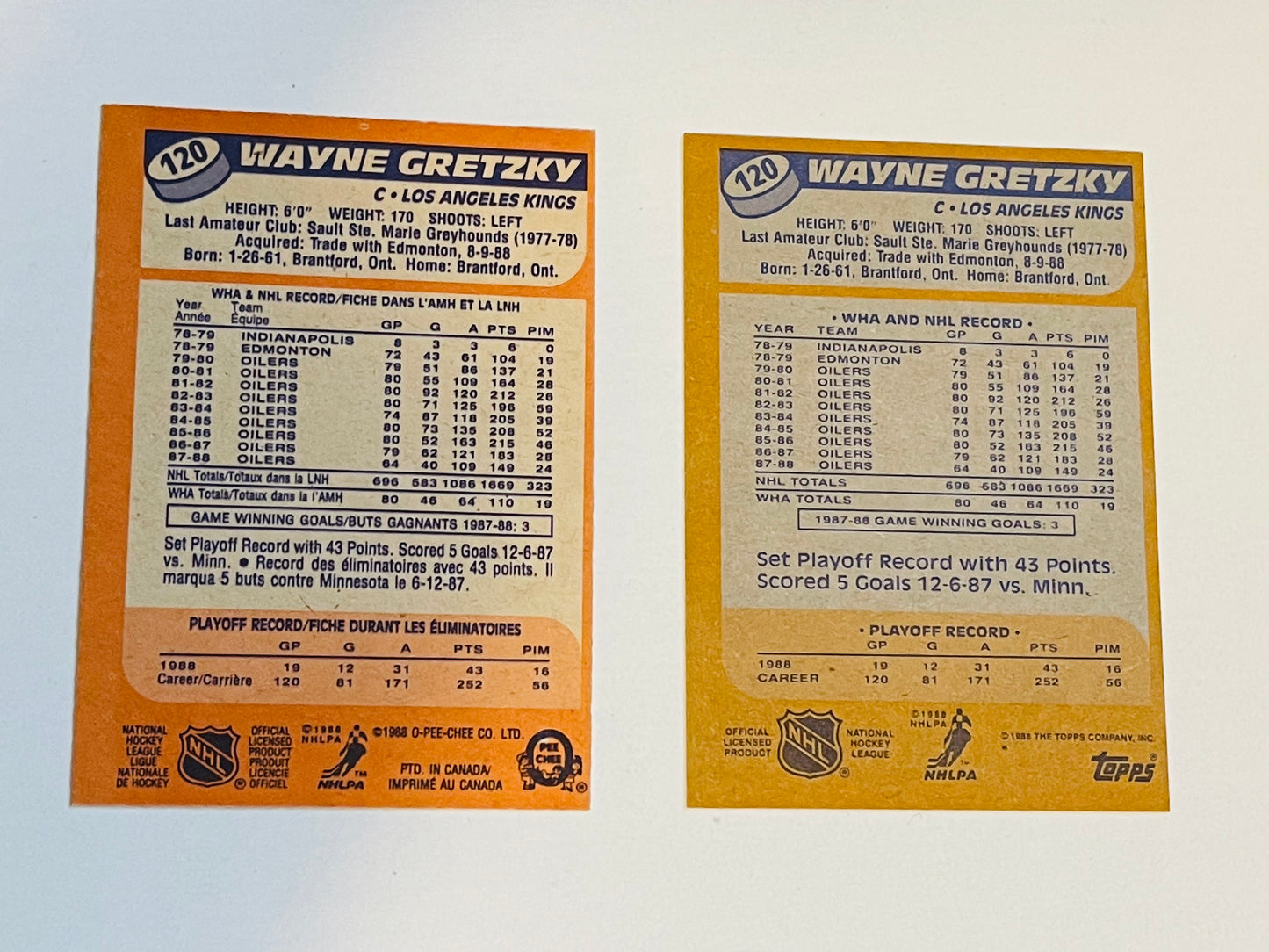 Wayne Gretzky Opc and Topps different hockey cards lot deal 1988