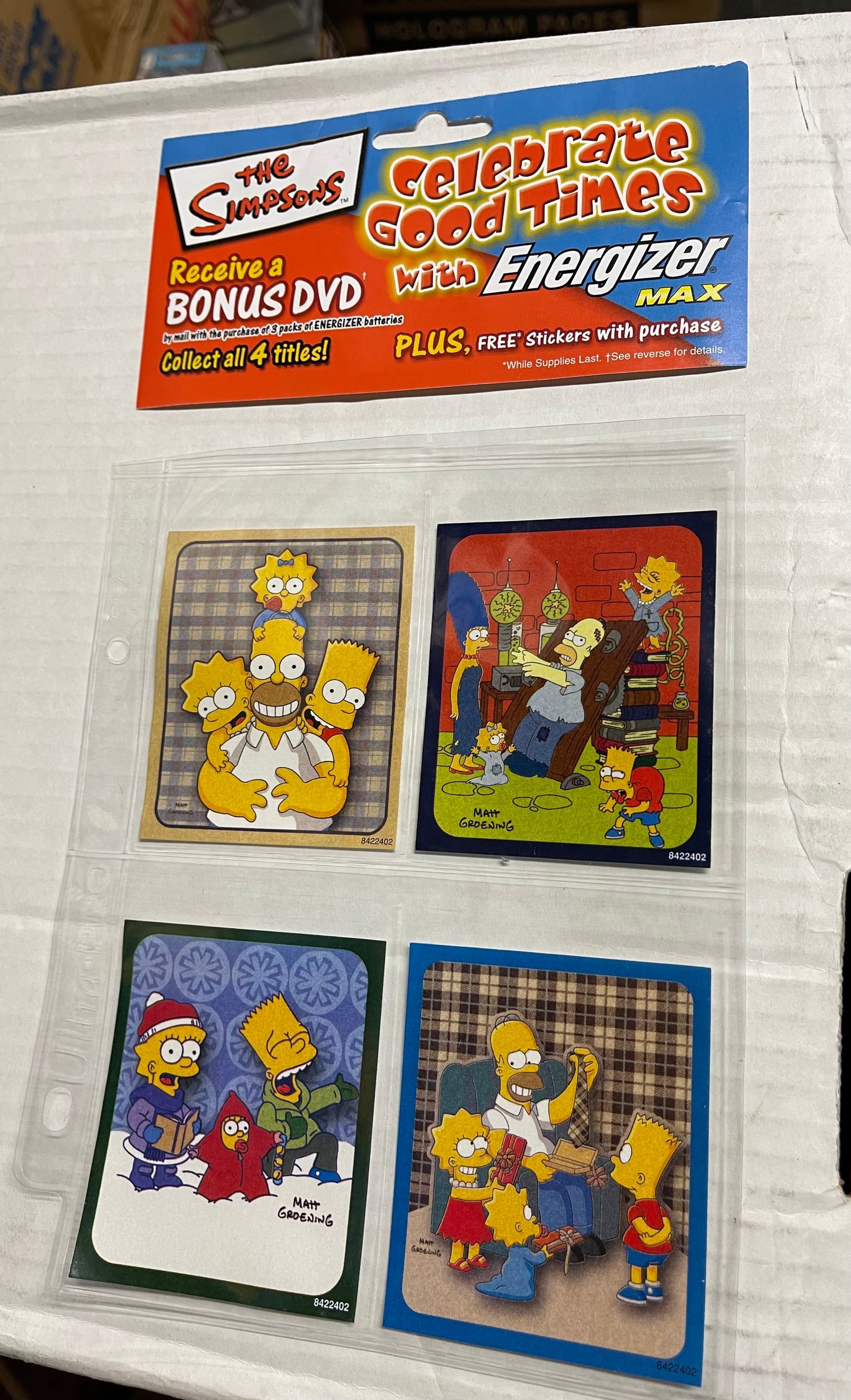 The Simpsons TV show rare Duracell 4 stickers set with header card