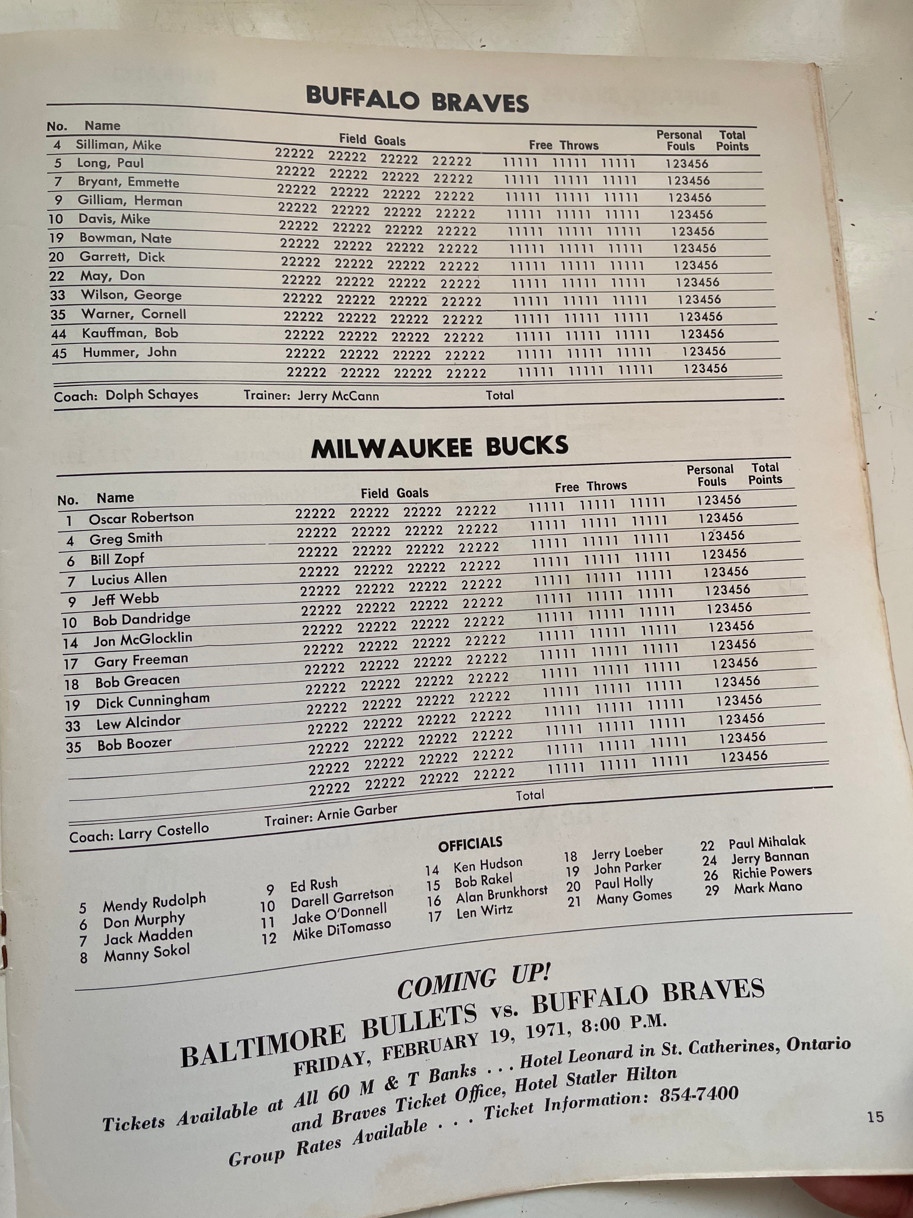 Buffalo Braves vs Milwaukee Bucks rare Inaugural basketball game program 1970