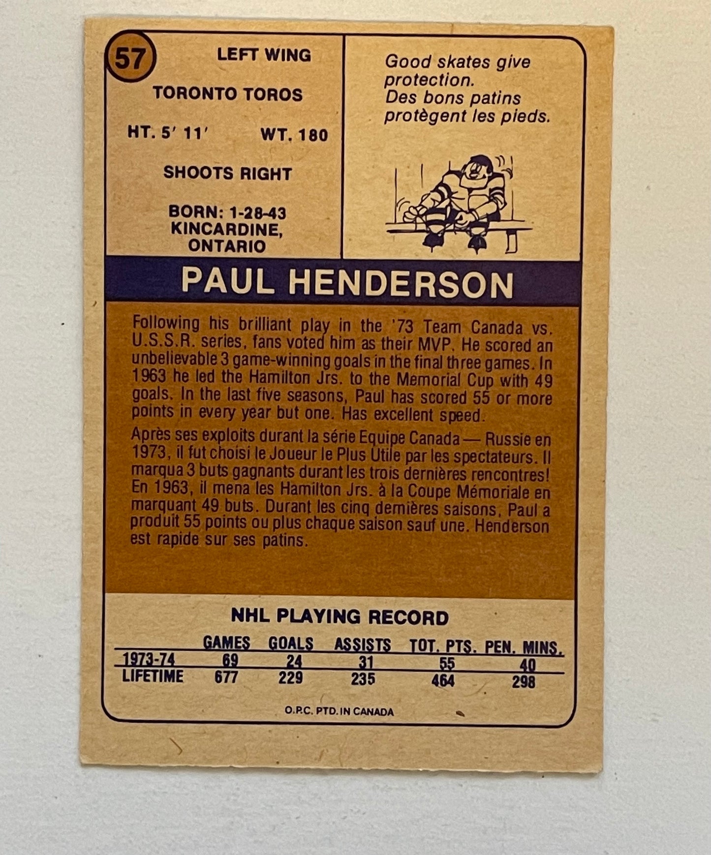 Paul Henderson WHA hockey card 1974/75