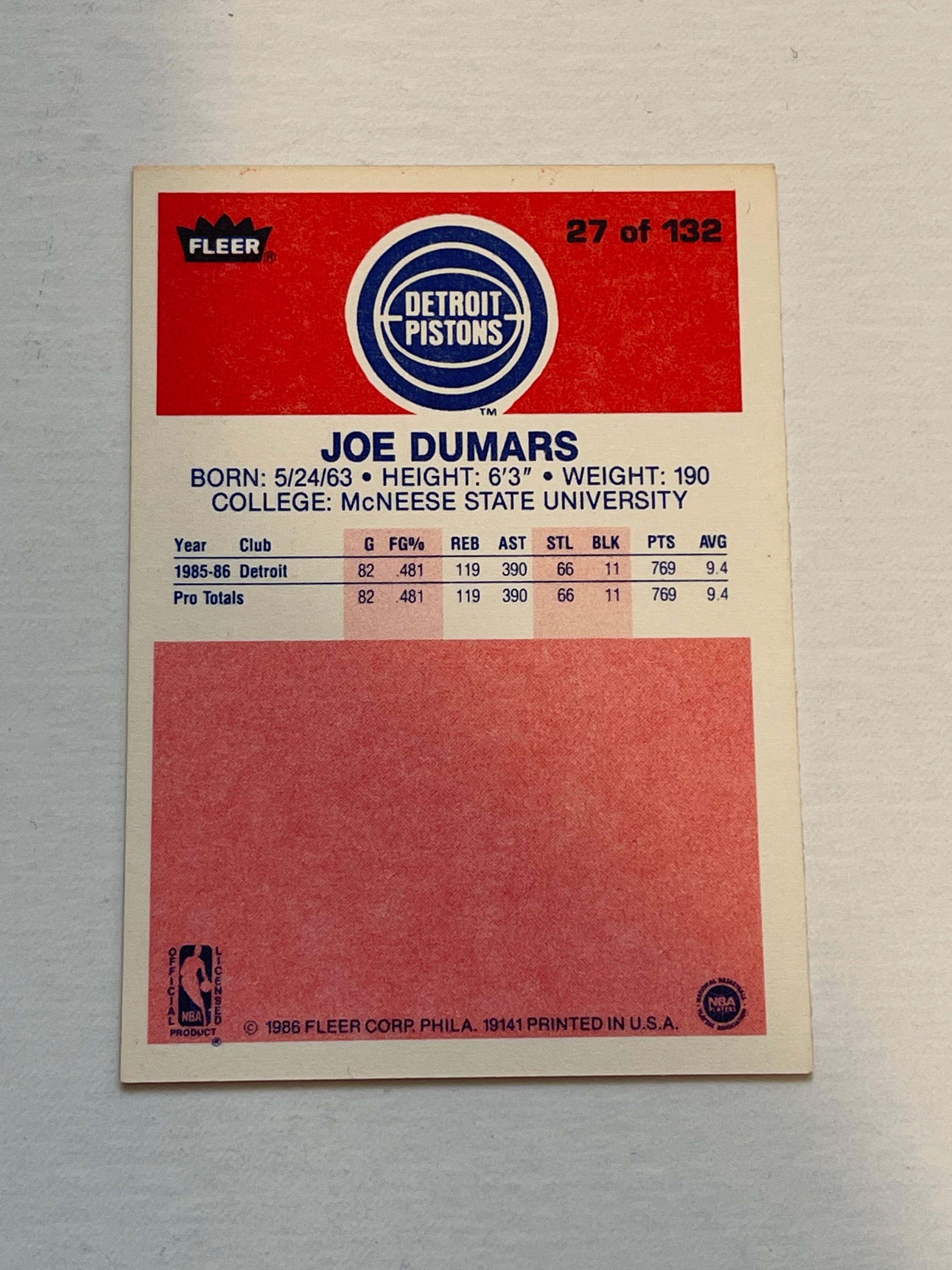 Joe Dumars Fleer basketball high grade condition rookie card 1986