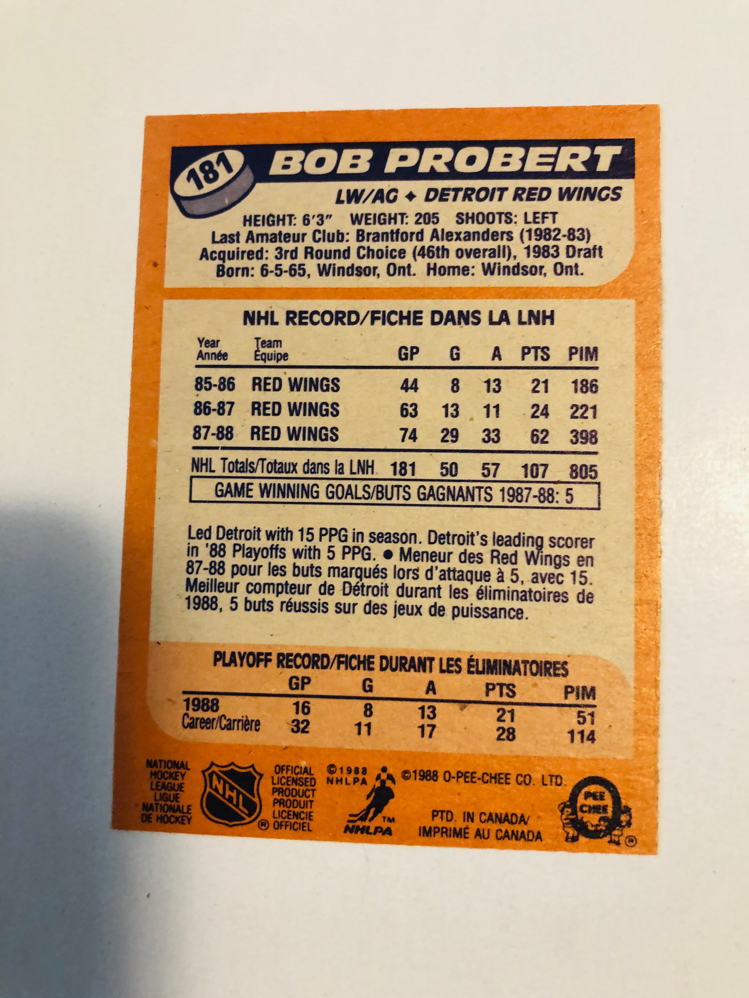 Bob Probert opc high grade hockey rookie card 1988