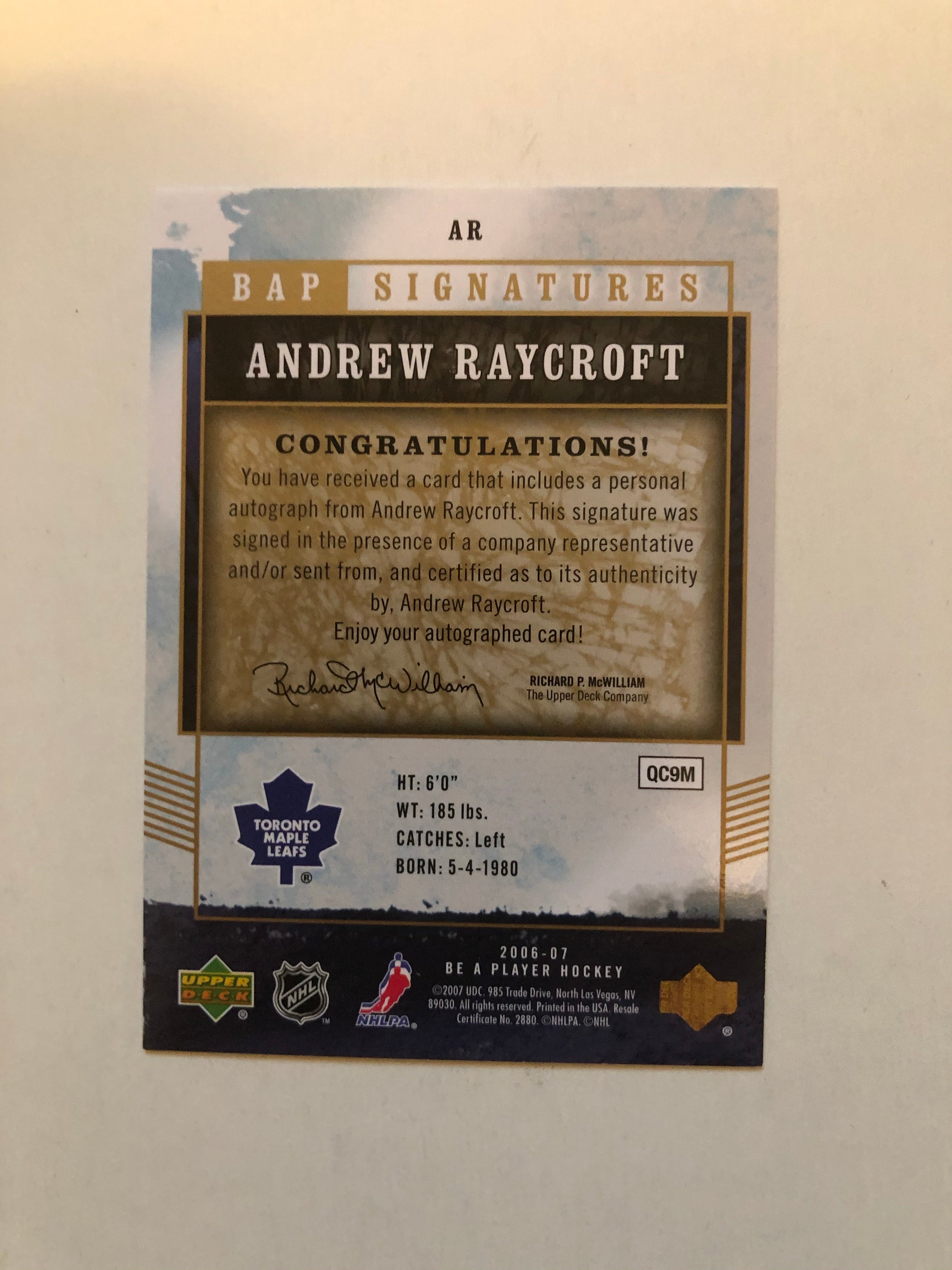 Andrew Raycroft Toronto Maple Leafs hockey autograph insert card