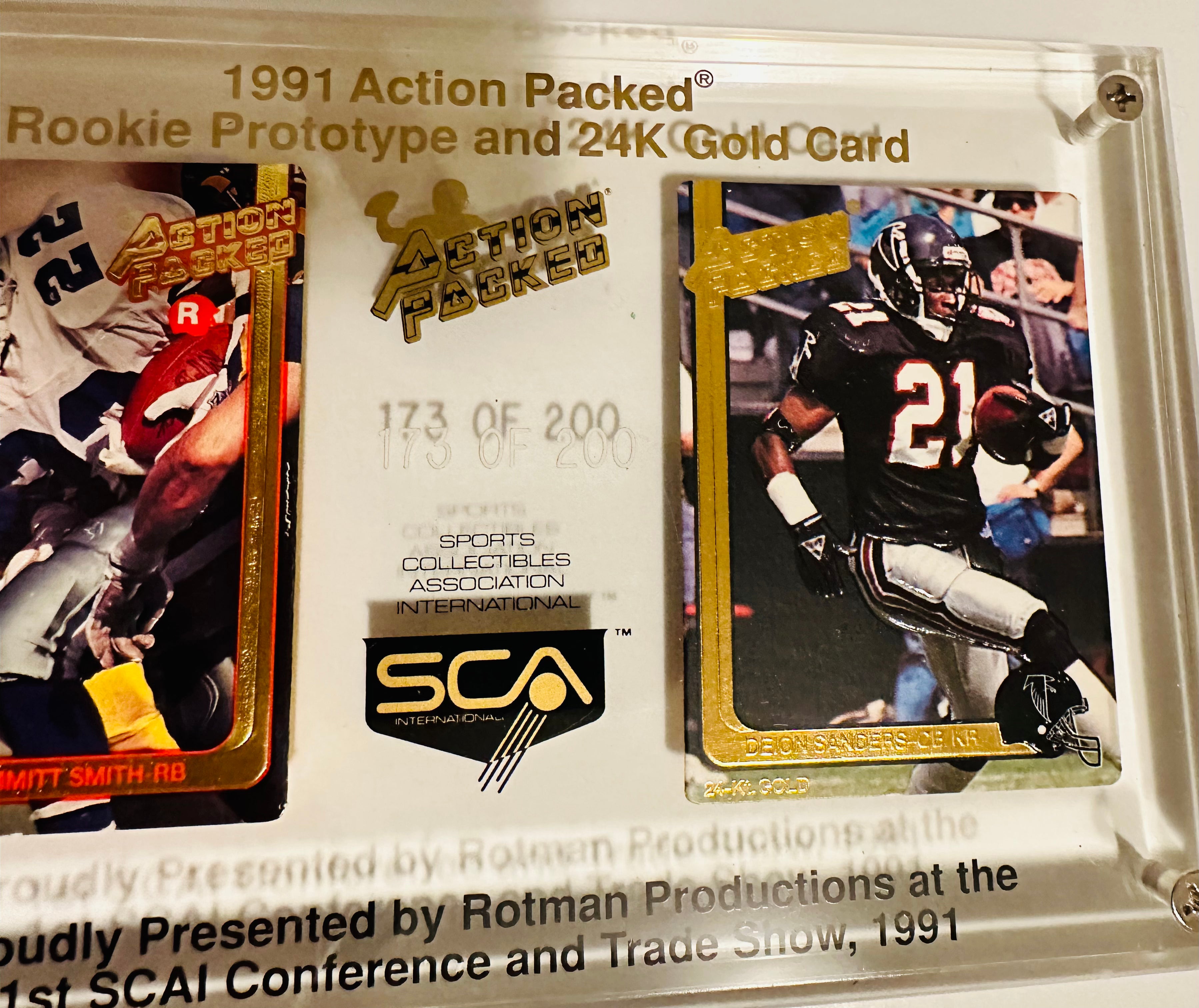 Action Packed rare SCA dinner numbered lucite football display with Emmitt Smith rookie promo #173/200