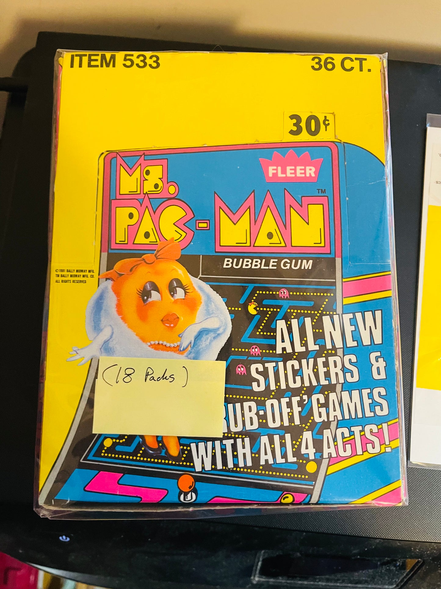 Ms. Pac-Man sticker cards rare 18 sealed packs box 1981