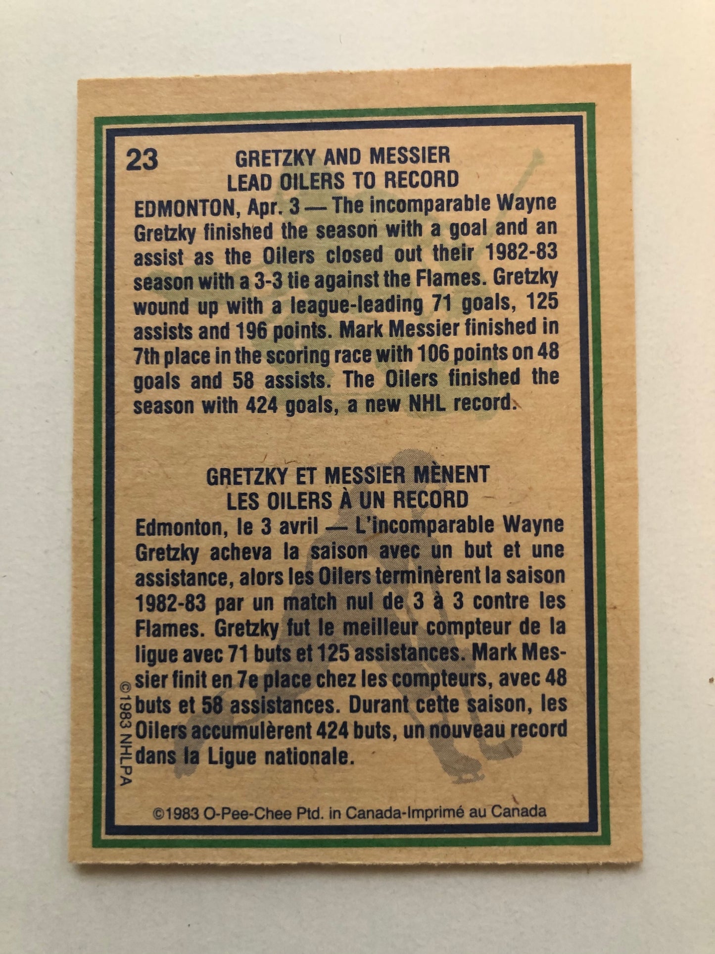 1983 Opc Wayne Gretzky and Mark Messier hockey card