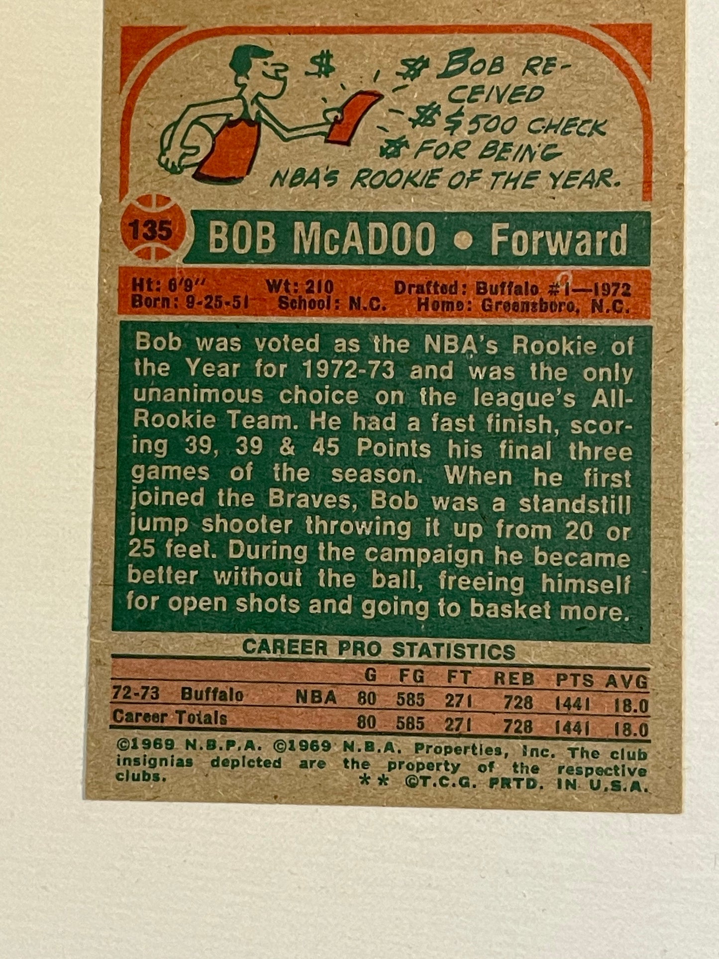 Buffalo Braves basketball Bob McAdoo rookie card 1972/73