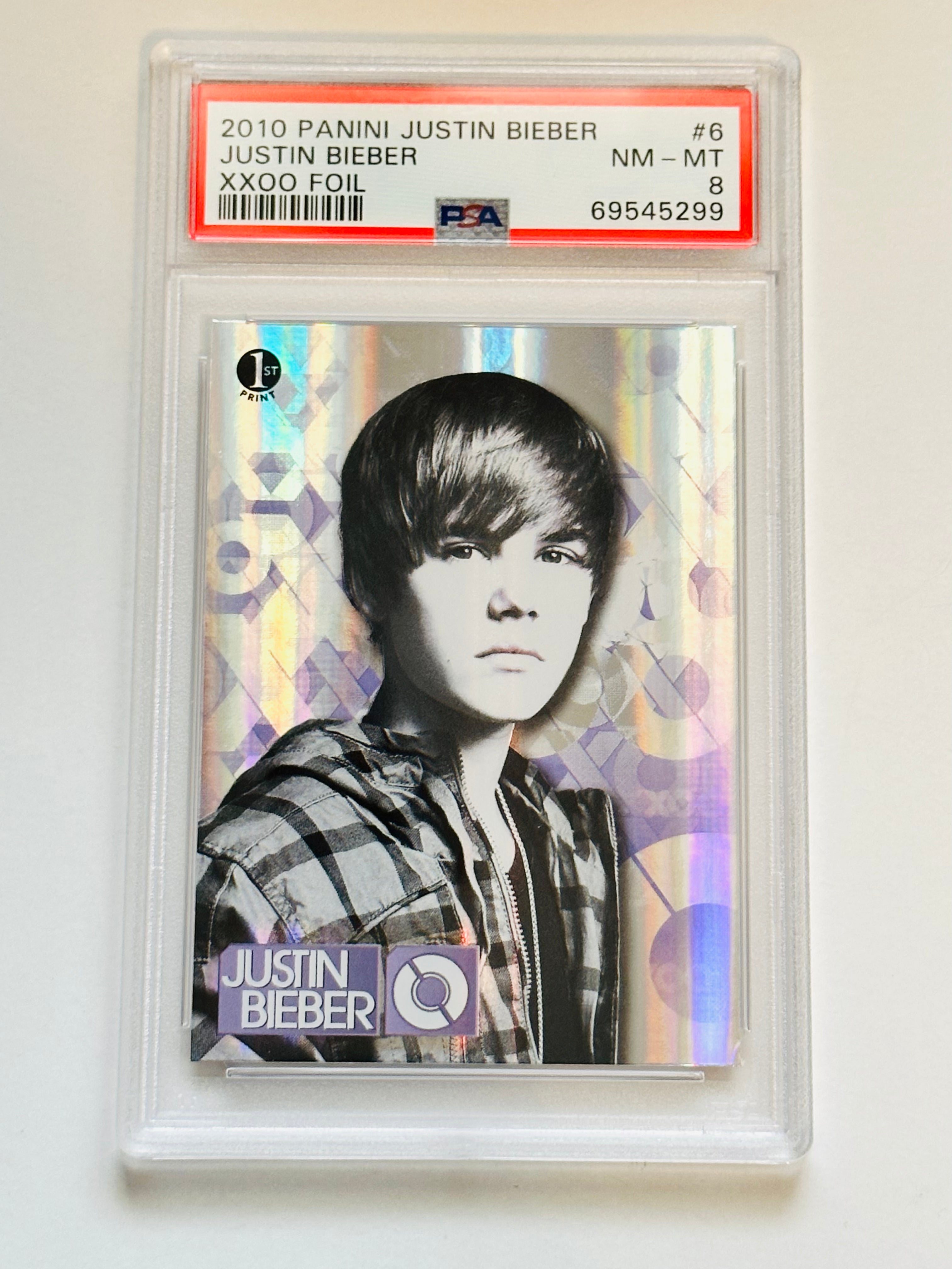Justin Bieber Panini foil xxoo insert PSA 8 graded card 2010