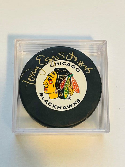 Tony Esposito autograph in person Chicago Black Hawks hockey puck with holder and COA