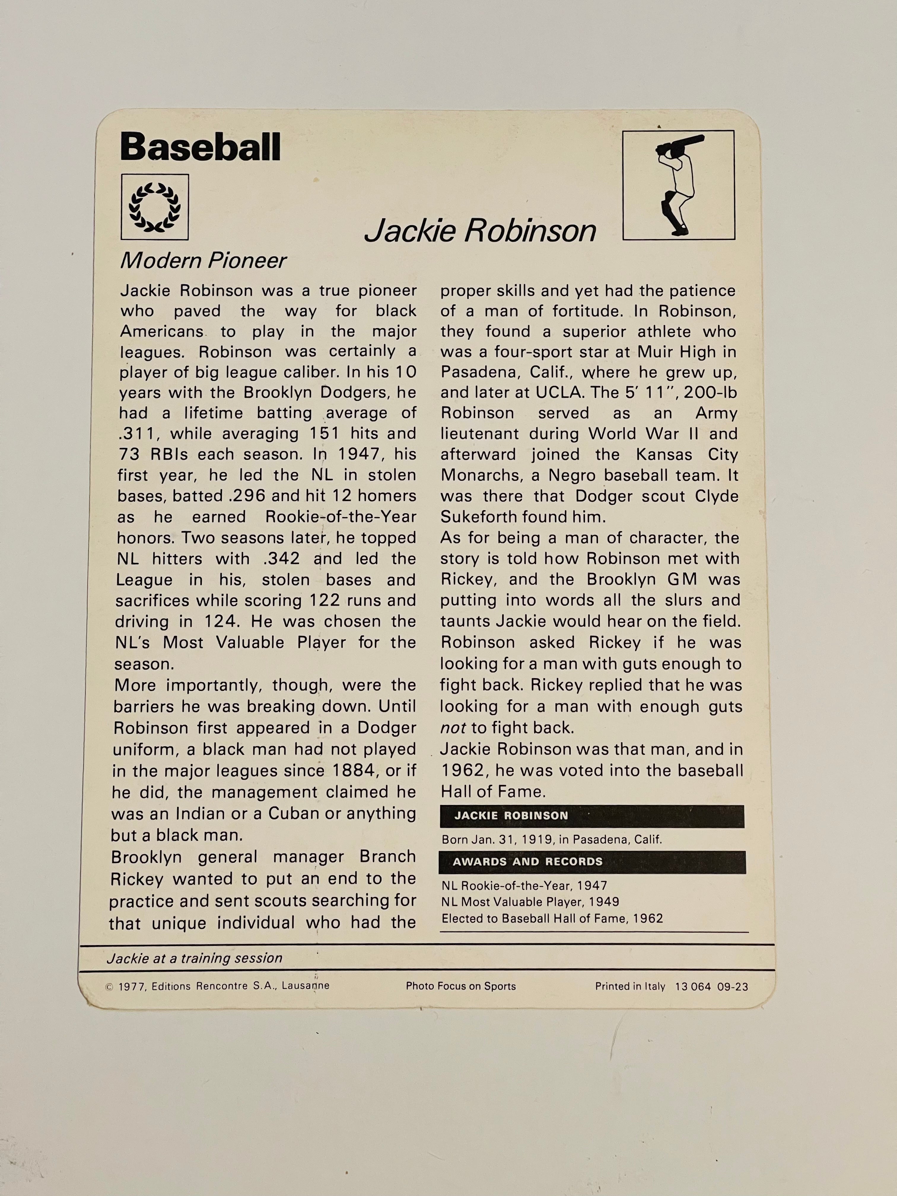 Jackie Robinson rare 5x7 baseball card printed in Italy 1977