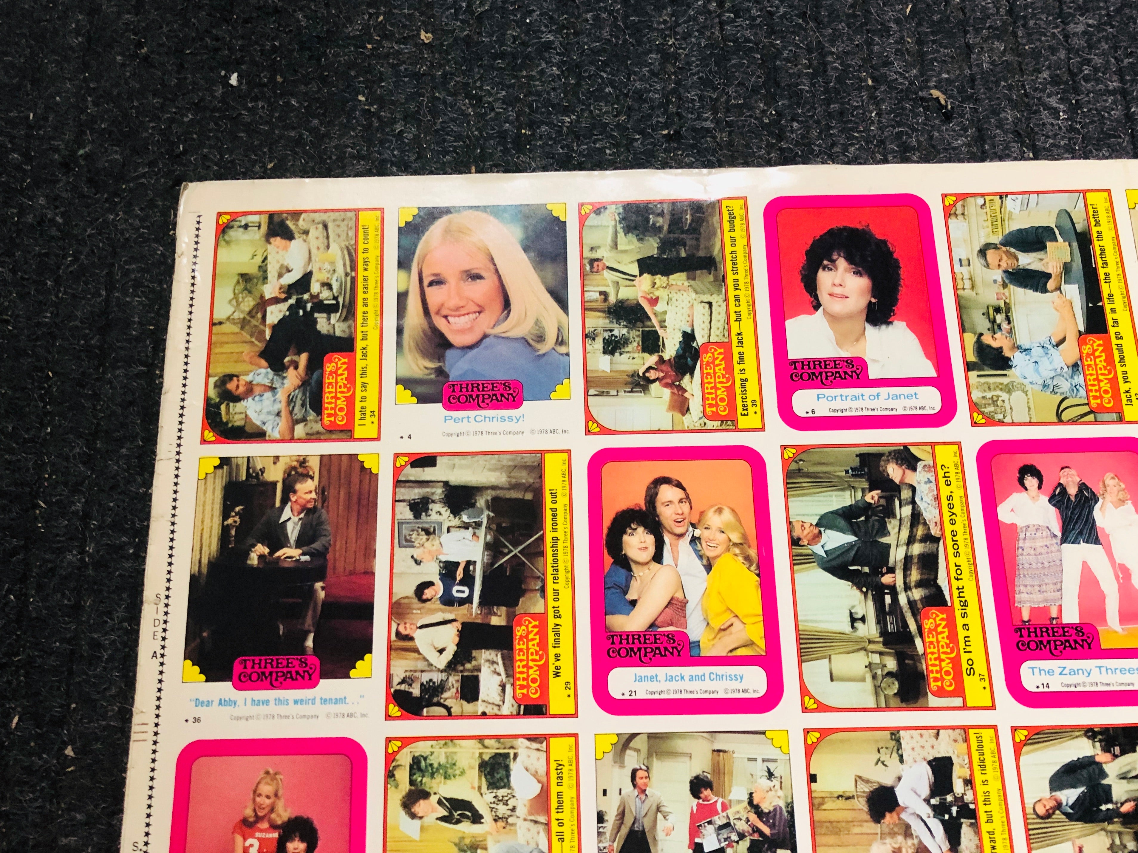 Three’s Company TV Show rare uncut stickers sheet 1978