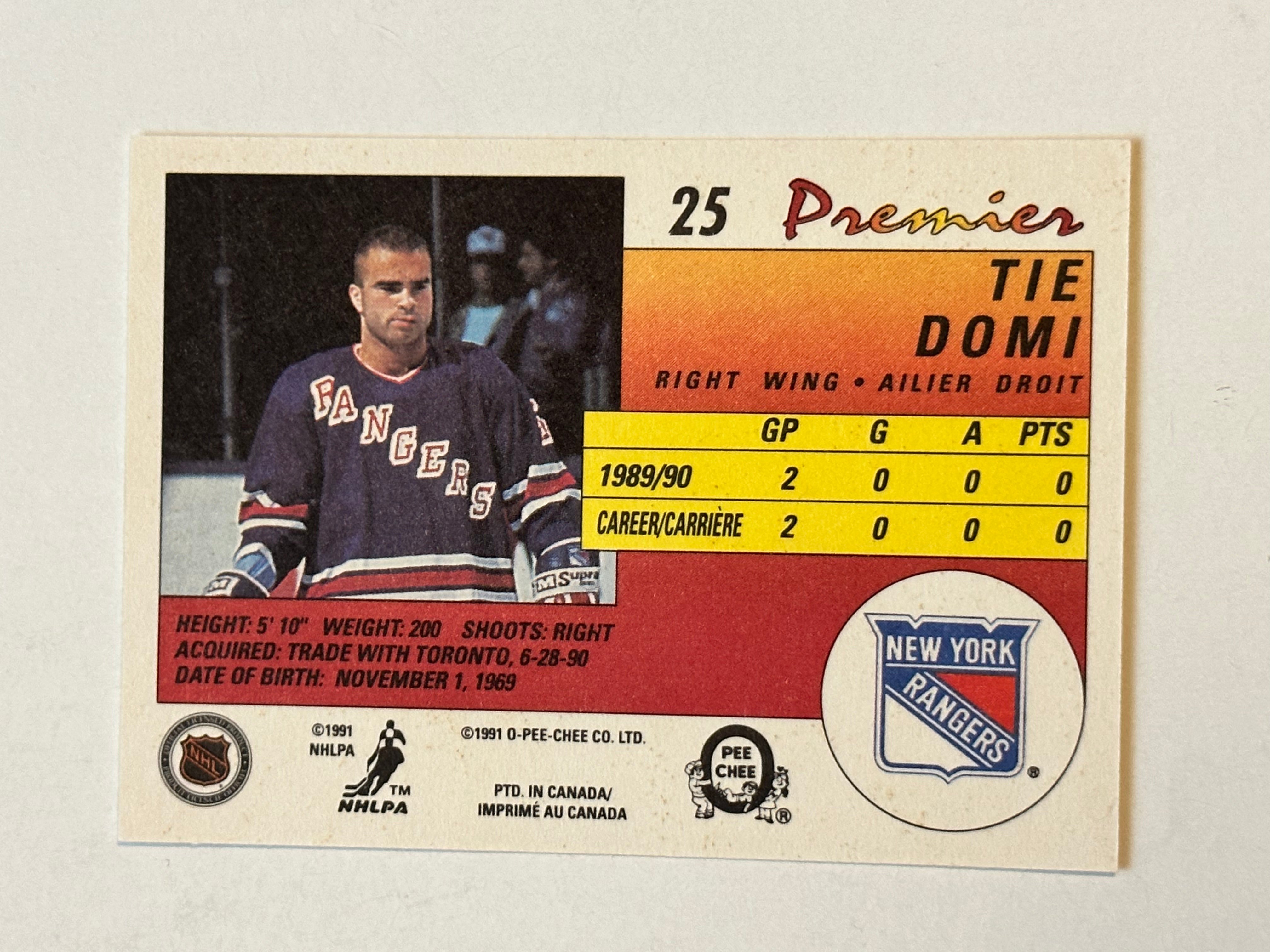 Toronto Maple Leafs Tie Domi Rookie hockey card 1990-91