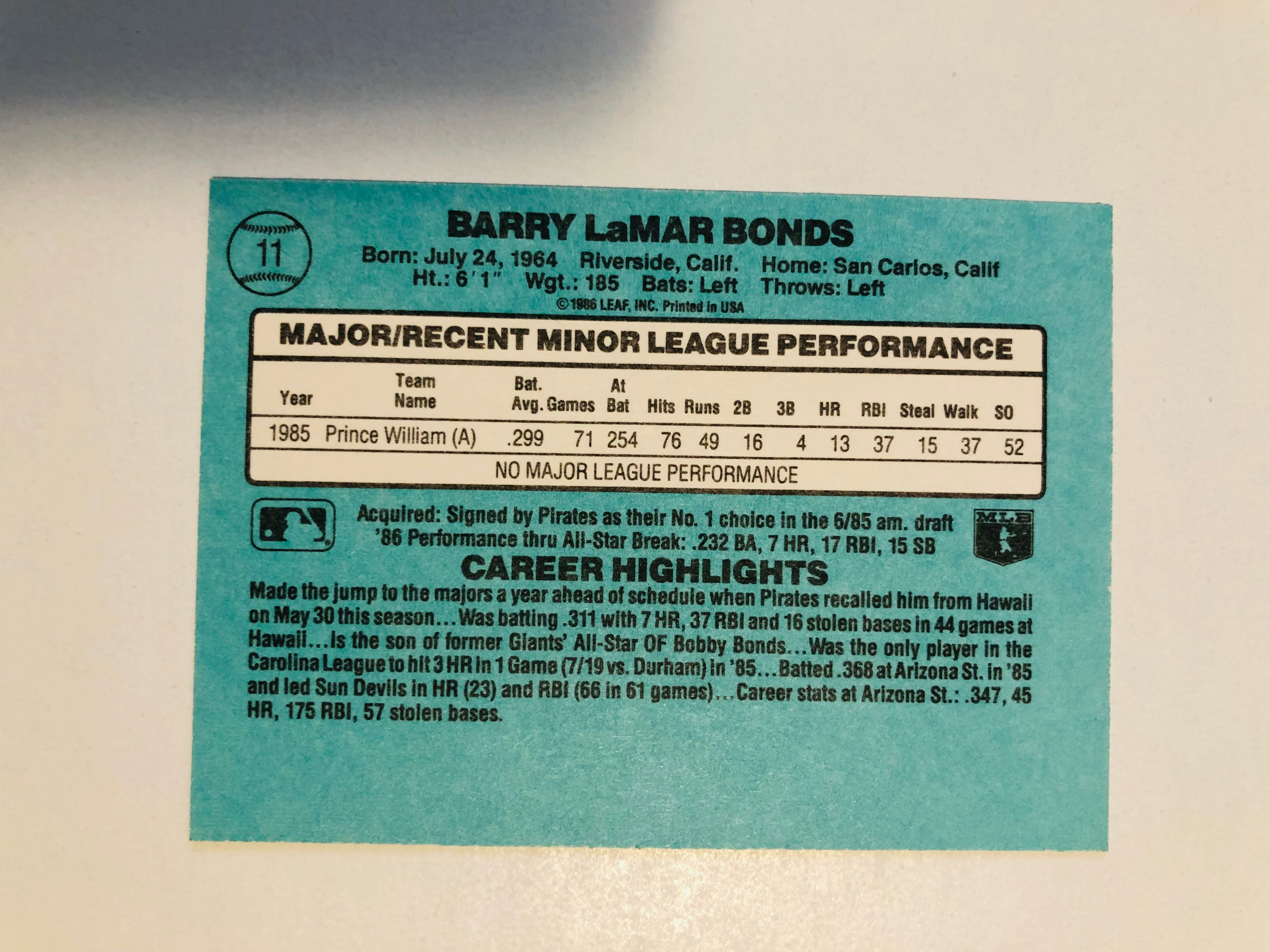 Barry Bonds Donruss The Rookies baseball card 1986