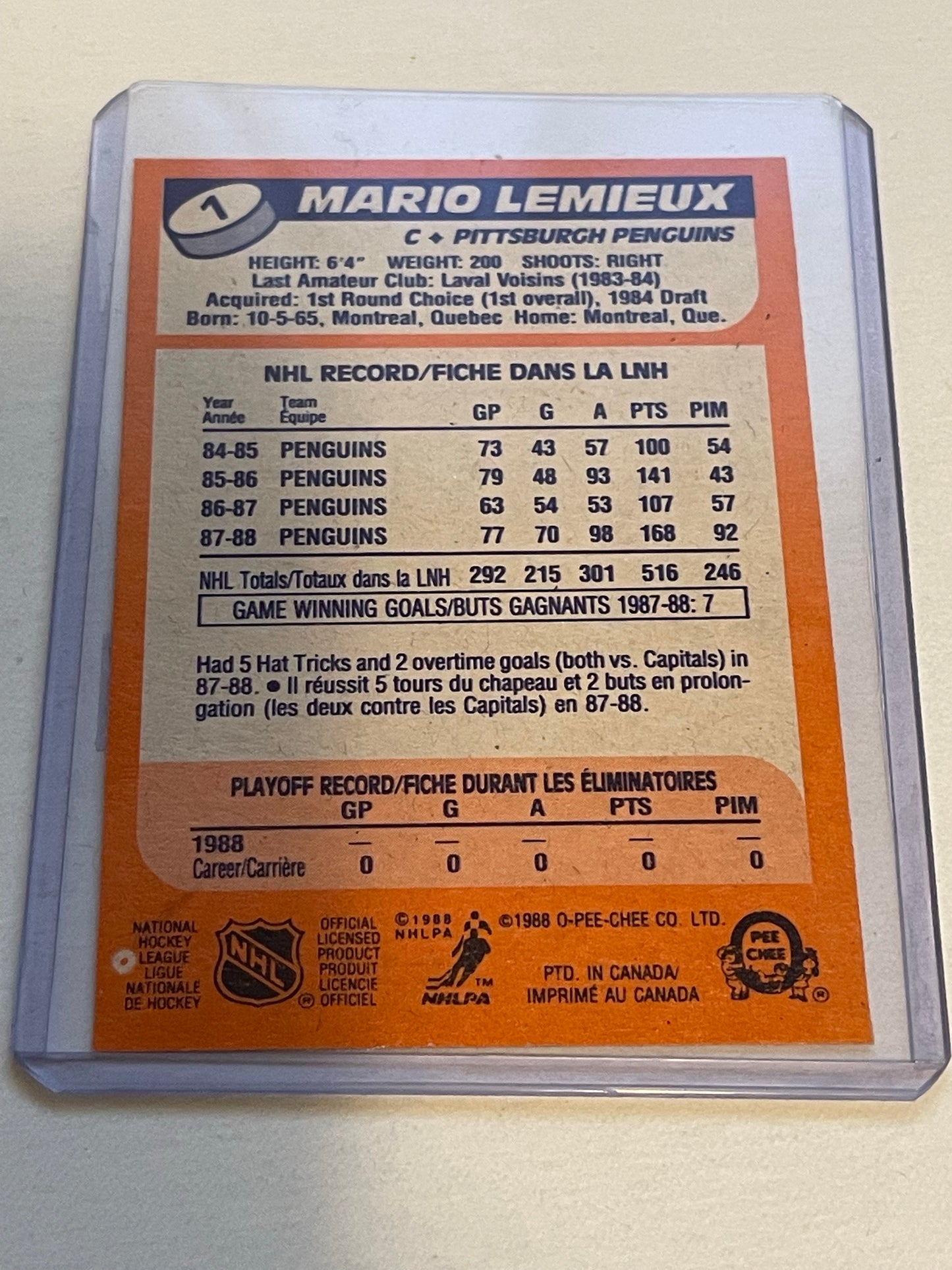 1988-89 O-pee-Chee Mario Lemieux hockey card